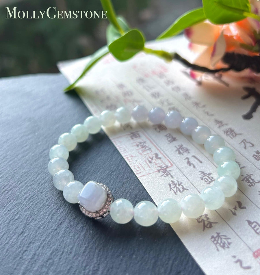 Burmese Jadeite Beaded Bracelet: Natural Type A Icy Translucent Light Green Purple 7mm Myanmar Jade Untreated