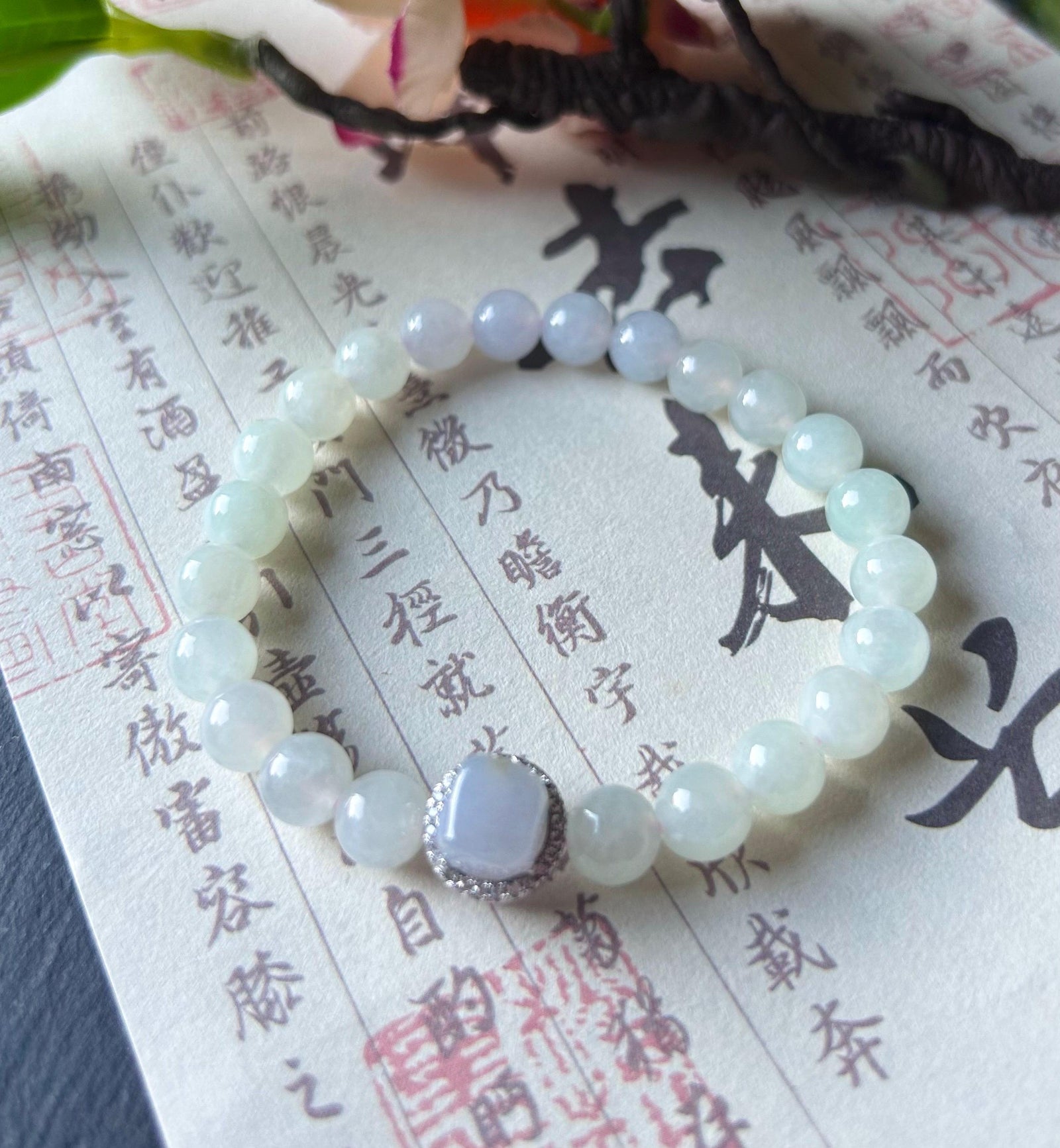 Burmese Jadeite Beaded Bracelet: Natural Type A Icy Translucent Light Green Purple 7mm Myanmar Jade Untreated