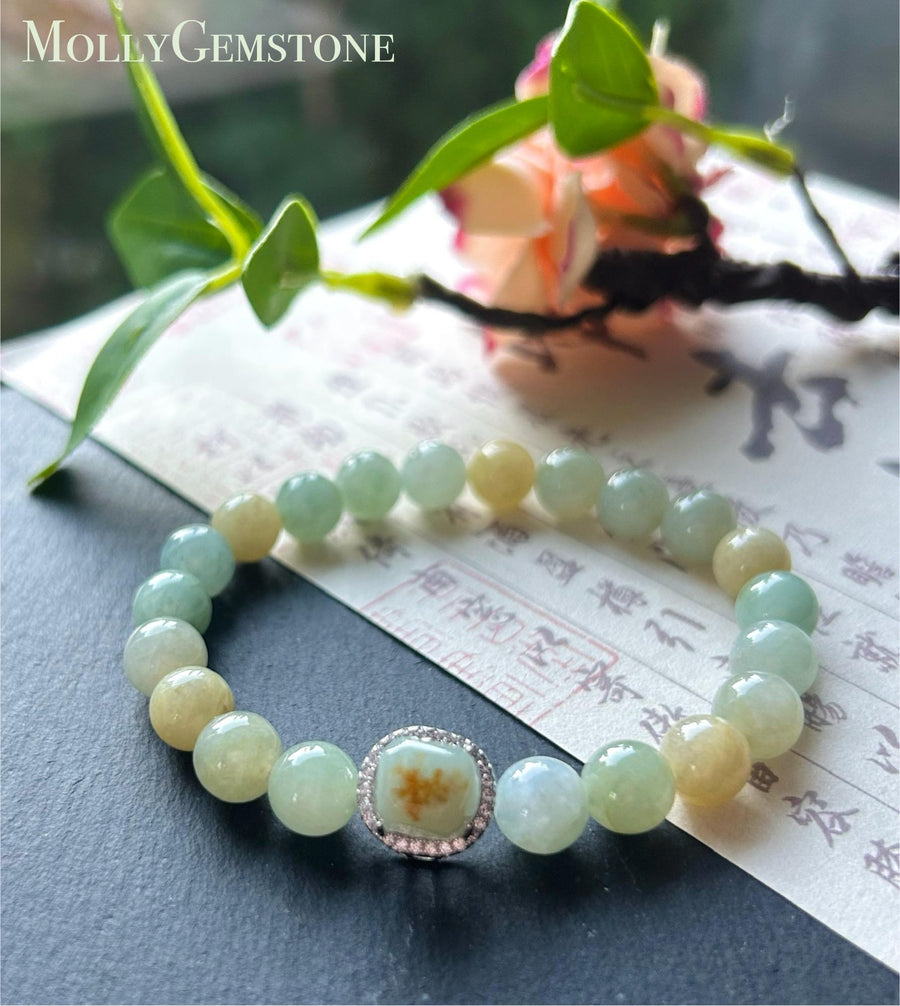 Burmese Jadeite Beaded Bracelet: Natural Type A Icy Translucent Autumn Multicolor 8mm Myanmar Jade Untreated