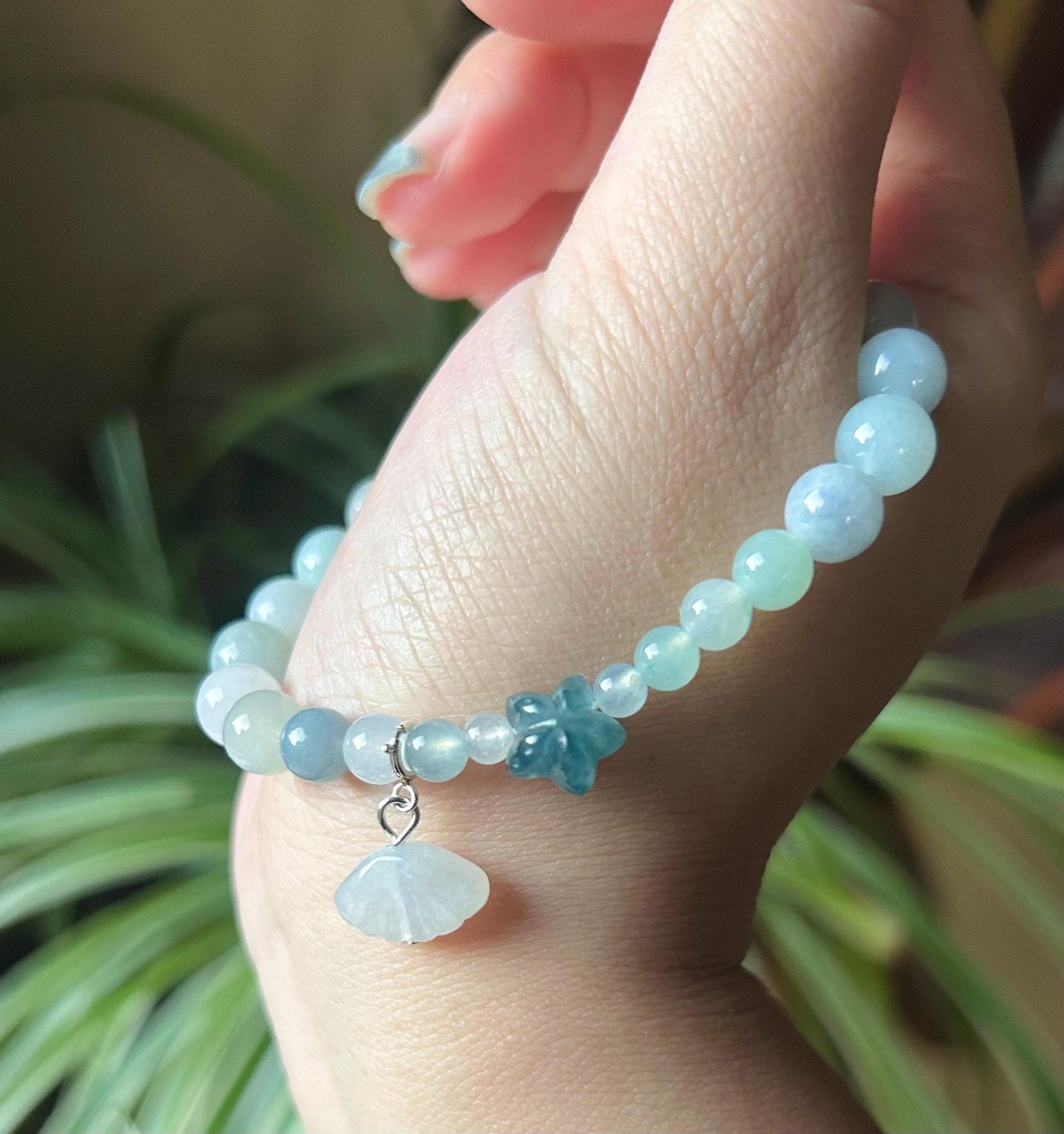 Burmese Jadeite Beaded Bracelet: Natural Type A Icy Translucent Myanmar 8mm Jade Starfish Focal Shellfish Charm