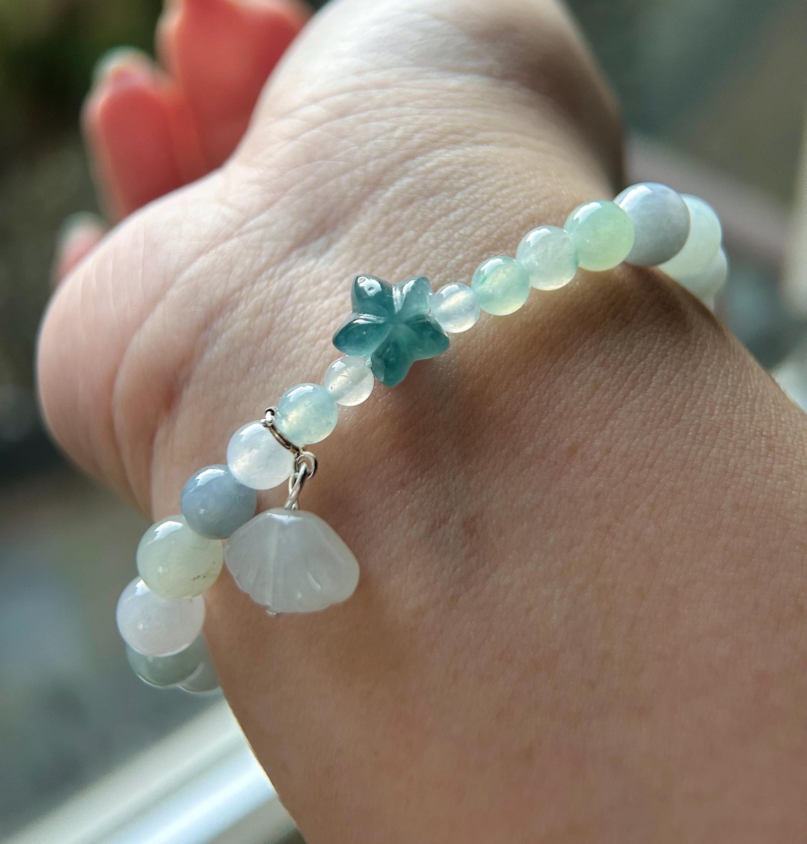 Burmese Jadeite Beaded Bracelet: Natural Type A Icy Translucent Myanmar 8mm Jade Starfish Focal Shellfish Charm