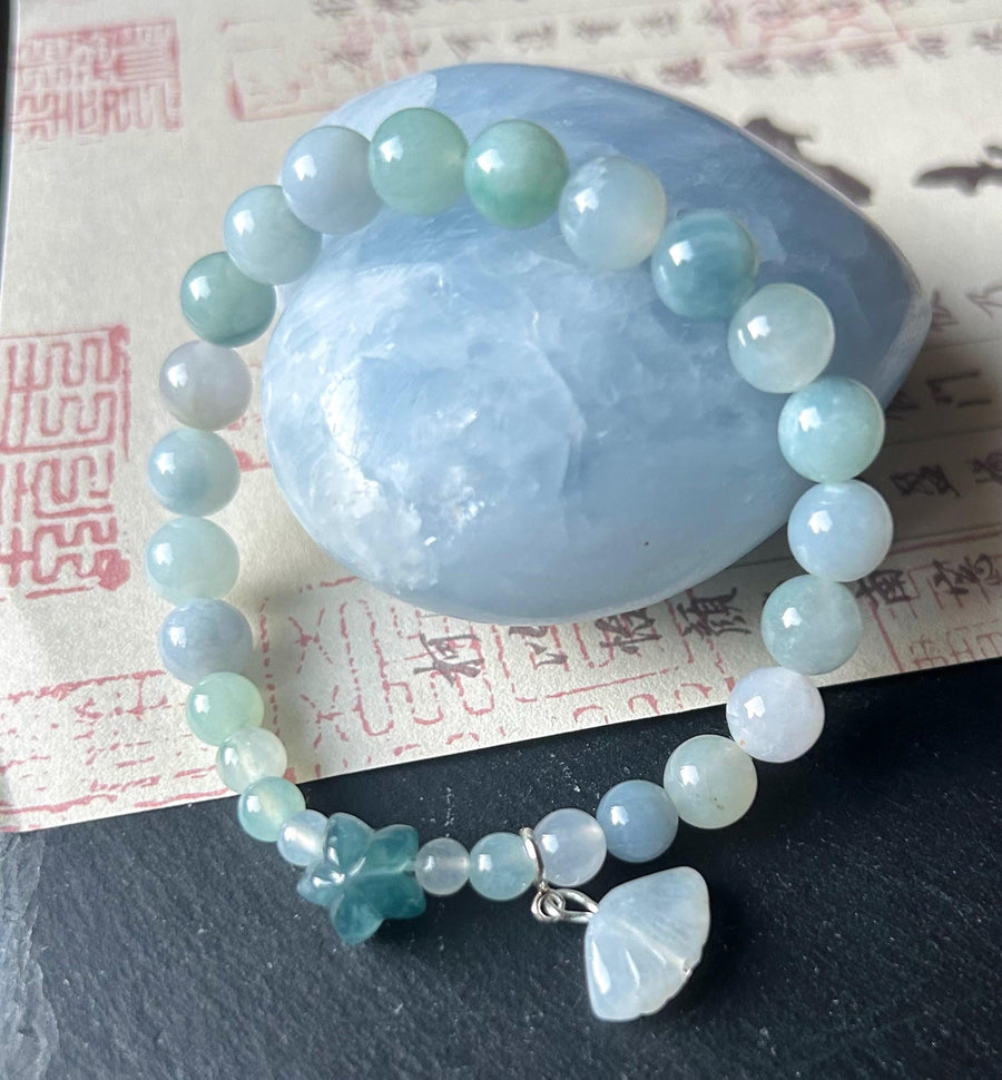Burmese Jadeite Beaded Bracelet: Natural Type A Icy Translucent Myanmar 8mm Jade Starfish Focal Shellfish Charm
