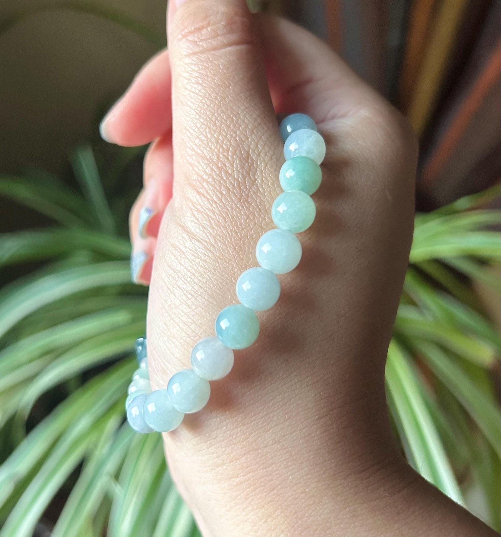Burmese Jadeite Beaded Bracelet: Natural Type A Icy Translucent Myanmar 8mm Jade Starfish Focal Shellfish Charm