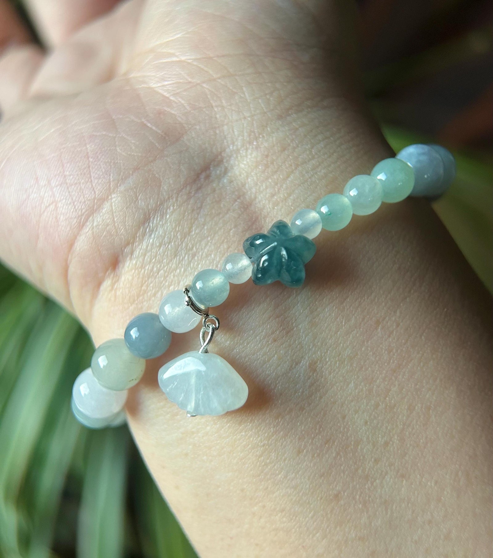 Burmese Jadeite Beaded Bracelet: Natural Type A Icy Translucent Myanmar 8mm Jade Starfish Focal Shellfish Charm