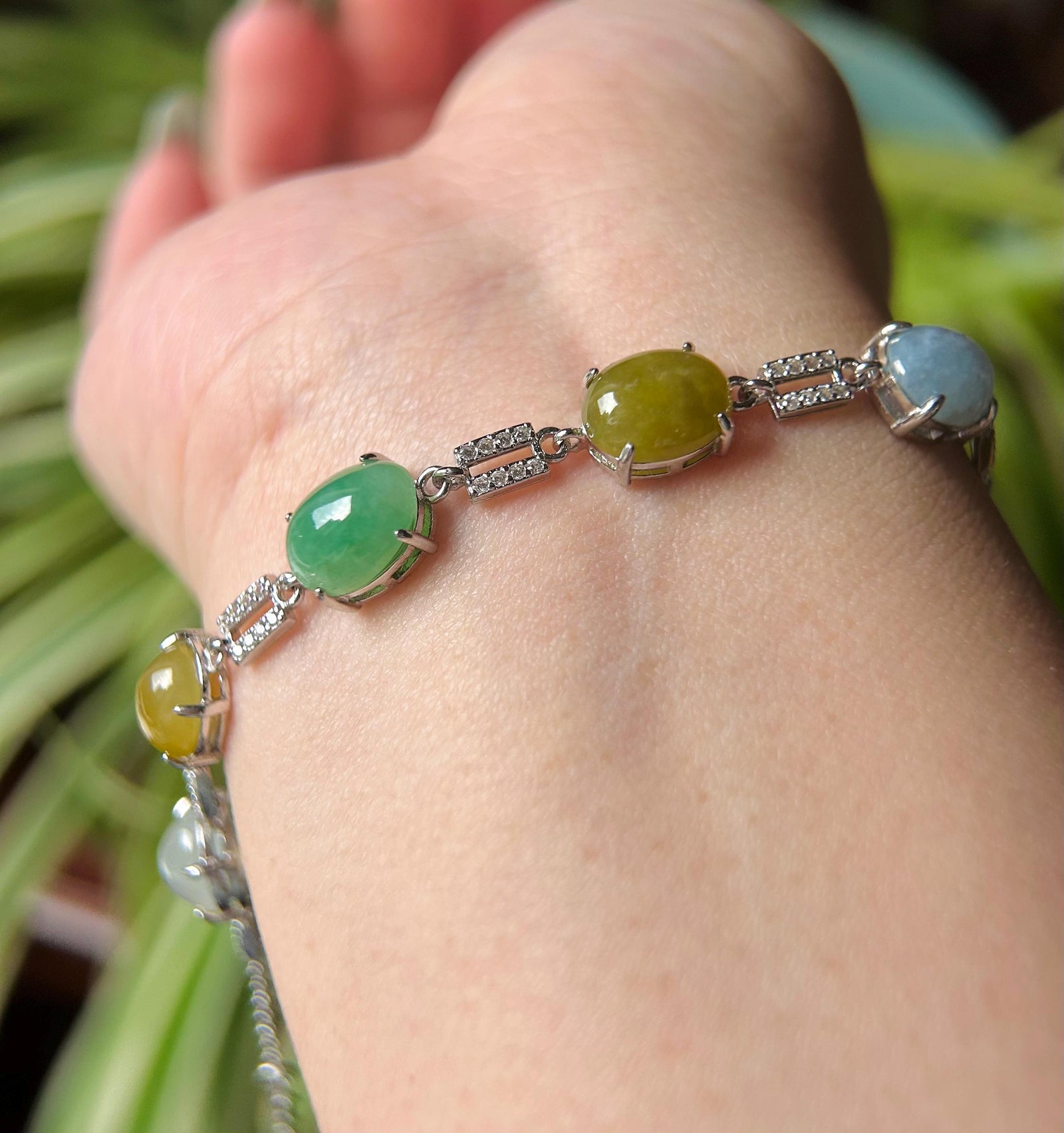 Natural Jadeite & Sterling Silver Bracelet Jewelry Burmese Type A Icy Highly Translucent Multicolor Jade