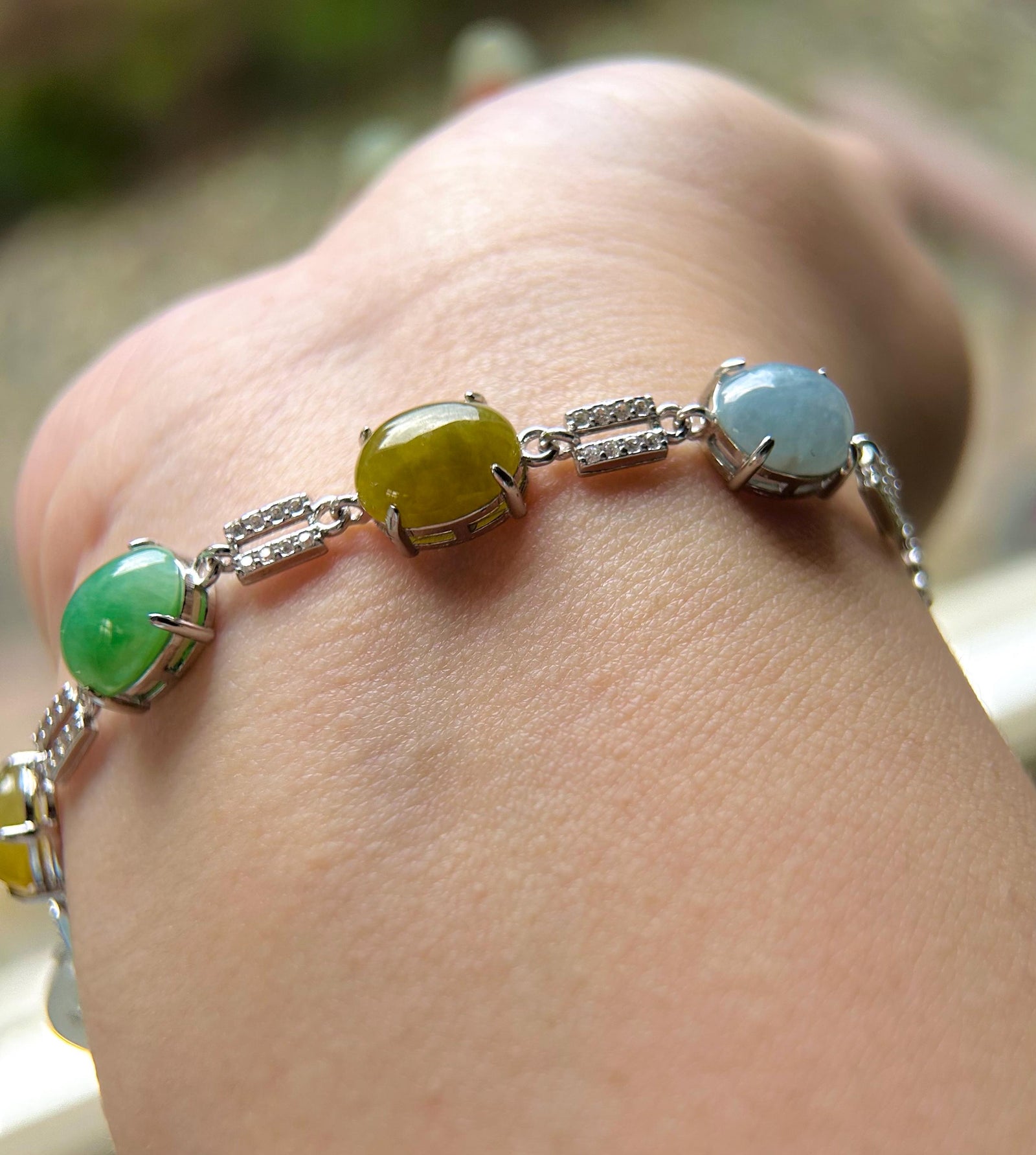 Natural Jadeite & Sterling Silver Bracelet Jewelry Burmese Type A Icy Highly Translucent Multicolor Jade