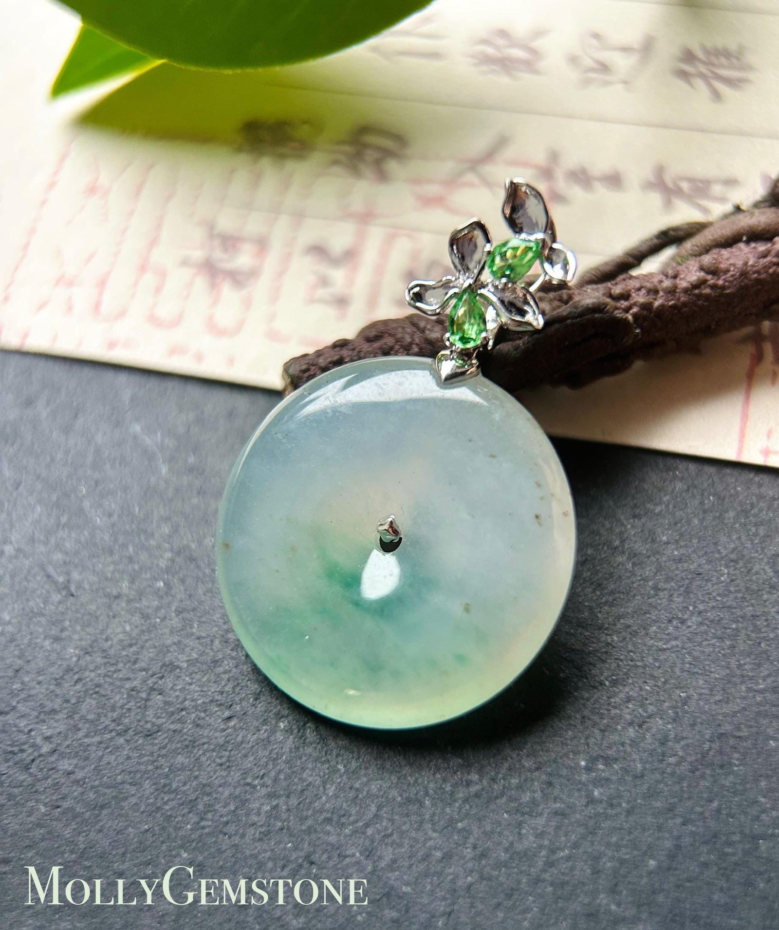 Natural Jadeite, Tsavorite & 18k Solid Gold Lucky Donut Pendant Burmese Type A Superior Translucency Green Floral Jade Certified