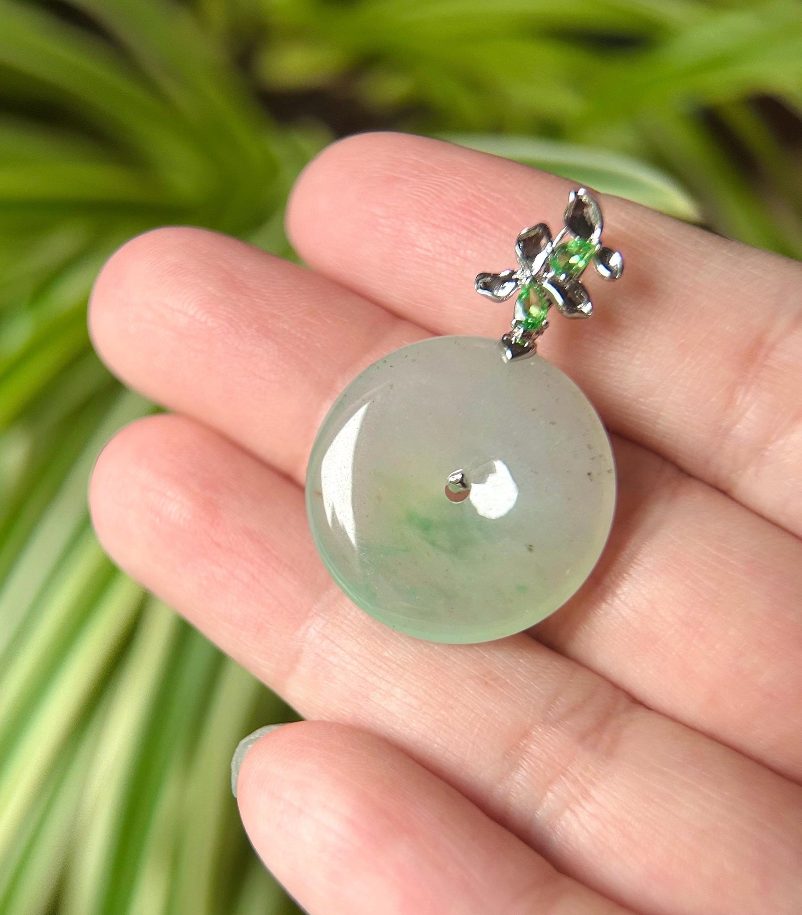 Natural Jadeite, Tsavorite & 18k Solid Gold Lucky Donut Pendant Burmese Type A Superior Translucency Green Floral Jade Certified