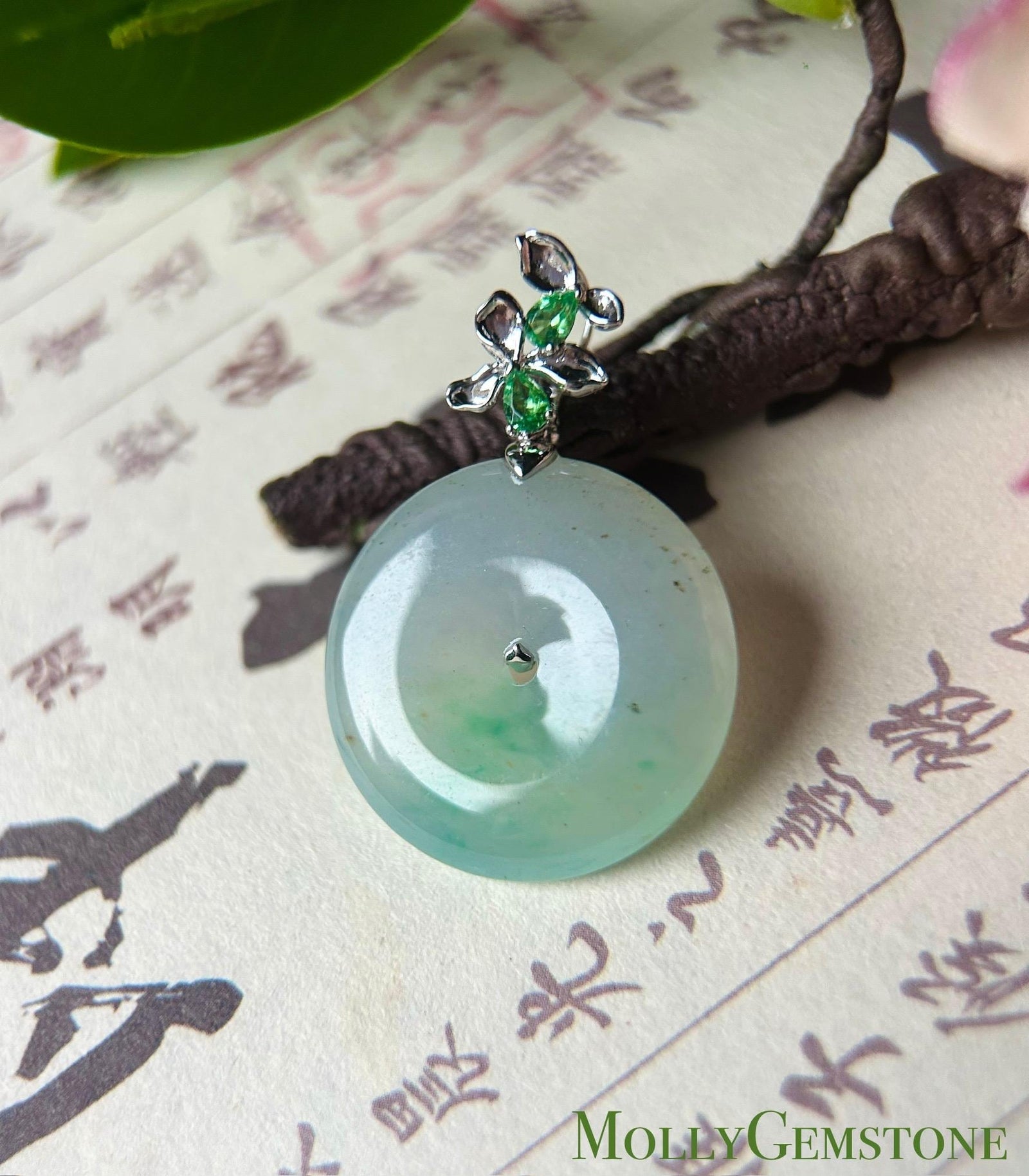 Natural Jadeite, Tsavorite & 18k Solid Gold Lucky Donut Pendant Burmese Type A Superior Translucency Green Floral Jade Certified