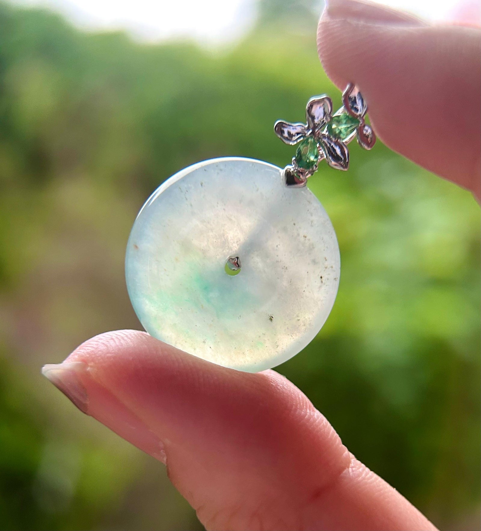 Natural Jadeite, Tsavorite & 18k Solid Gold Lucky Donut Pendant Burmese Type A Superior Translucency Green Floral Jade Certified