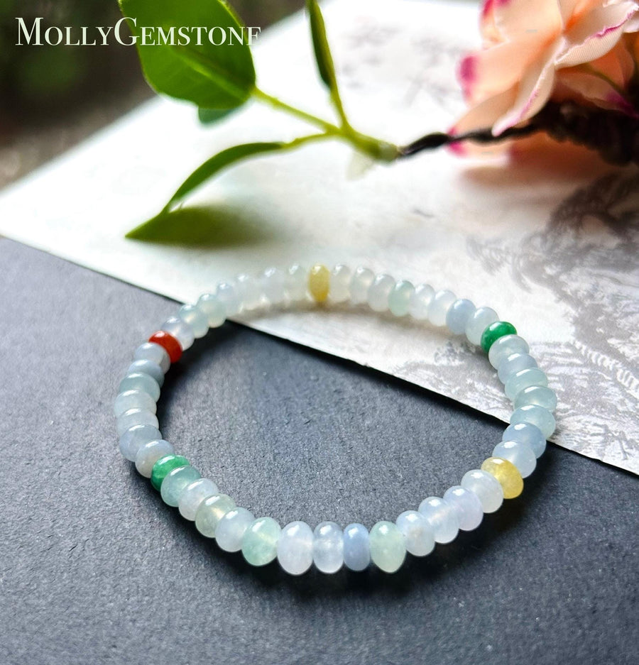 Burmese Jadeite Beaded Bracelet: Natural Type A Highly Translucent Icy Multicolor 6mm Myanmar Jade Untreated