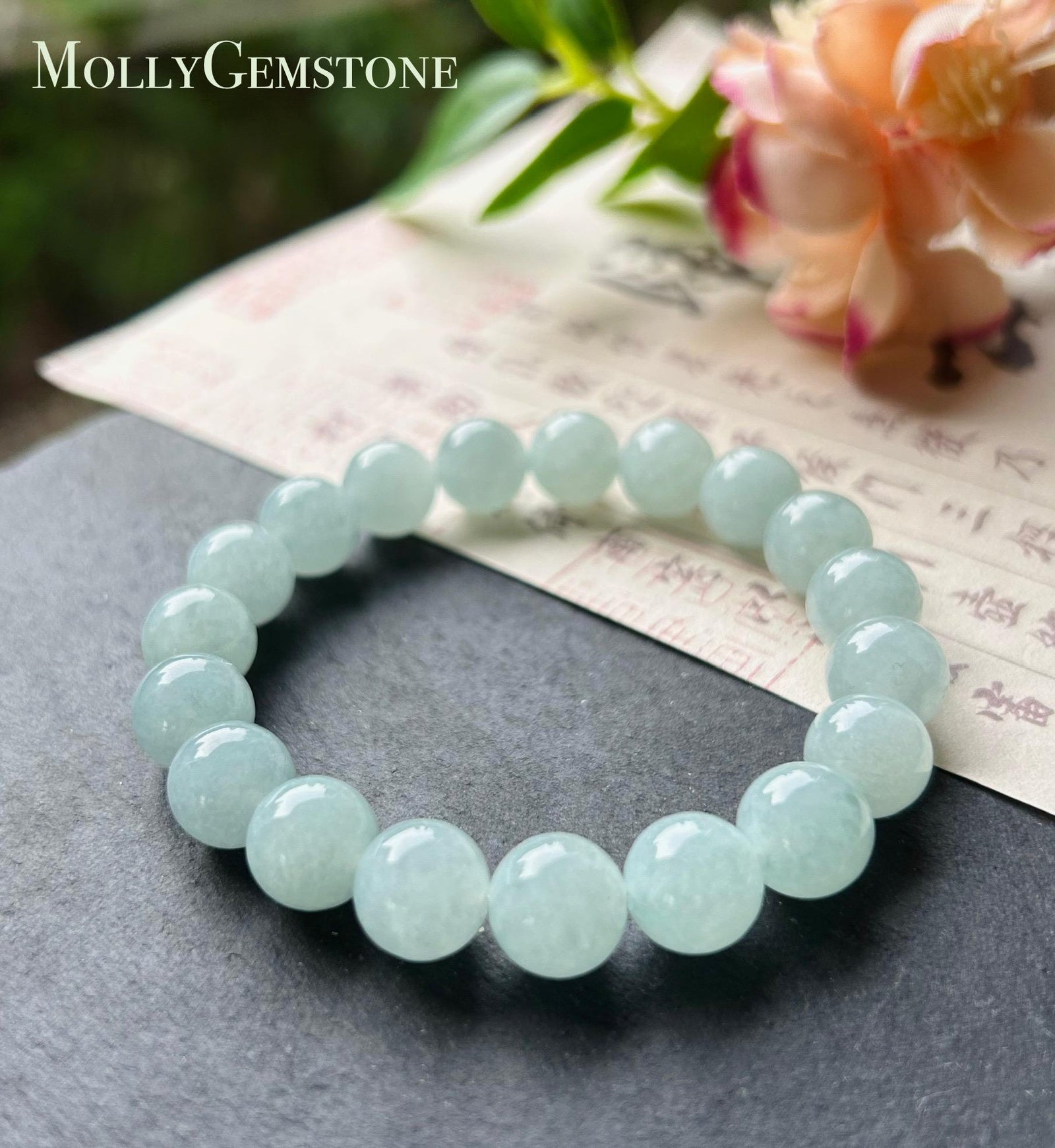 Natural Jadeite Beaded Bracelet Handmade Jewelry Gift for Her Burmese Type A Highly Translucent Icy Blue 9.5mm Jade