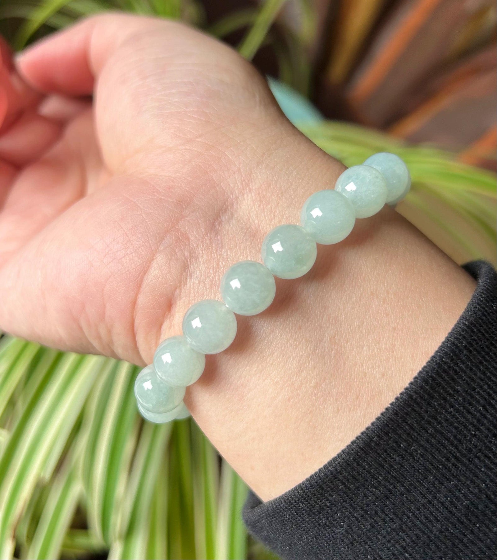 Natural Jadeite Beaded Bracelet Handmade Jewelry Gift for Her Burmese Type A Highly Translucent Icy Blue 9.5mm Jade