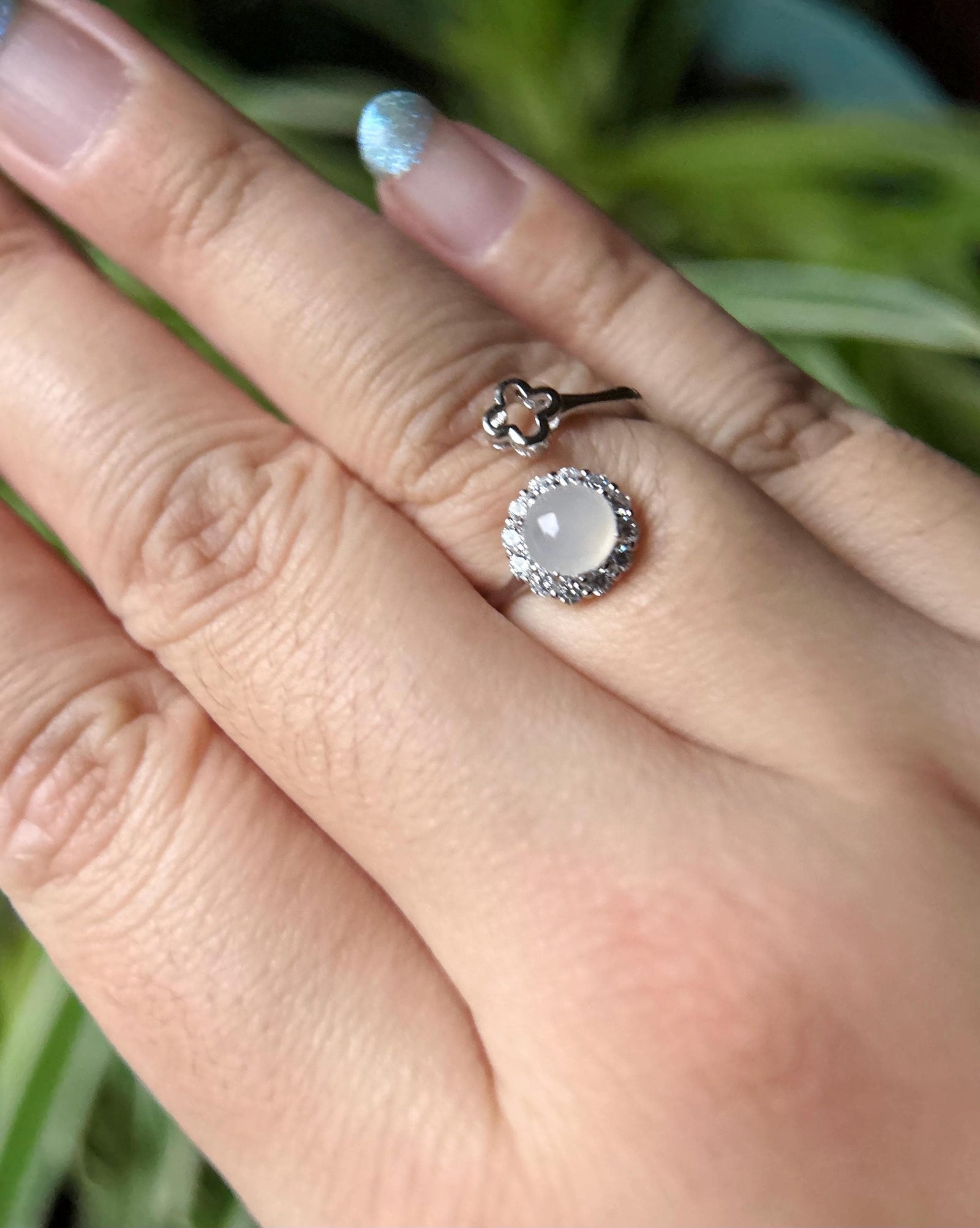 Natural Jadeite & 925 Sterling Silver Adjustable Ring Jewelry Gift Burmese Type A Highly Translucent Icy White Jade