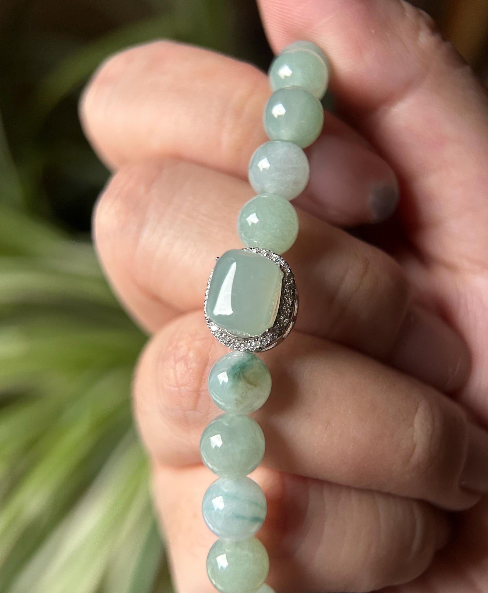 Natural Jadeite Beaded Bracelet with Ice Cube Focal Charm Burmese Type A Translucent Icy Blue Floral 7mm Jade