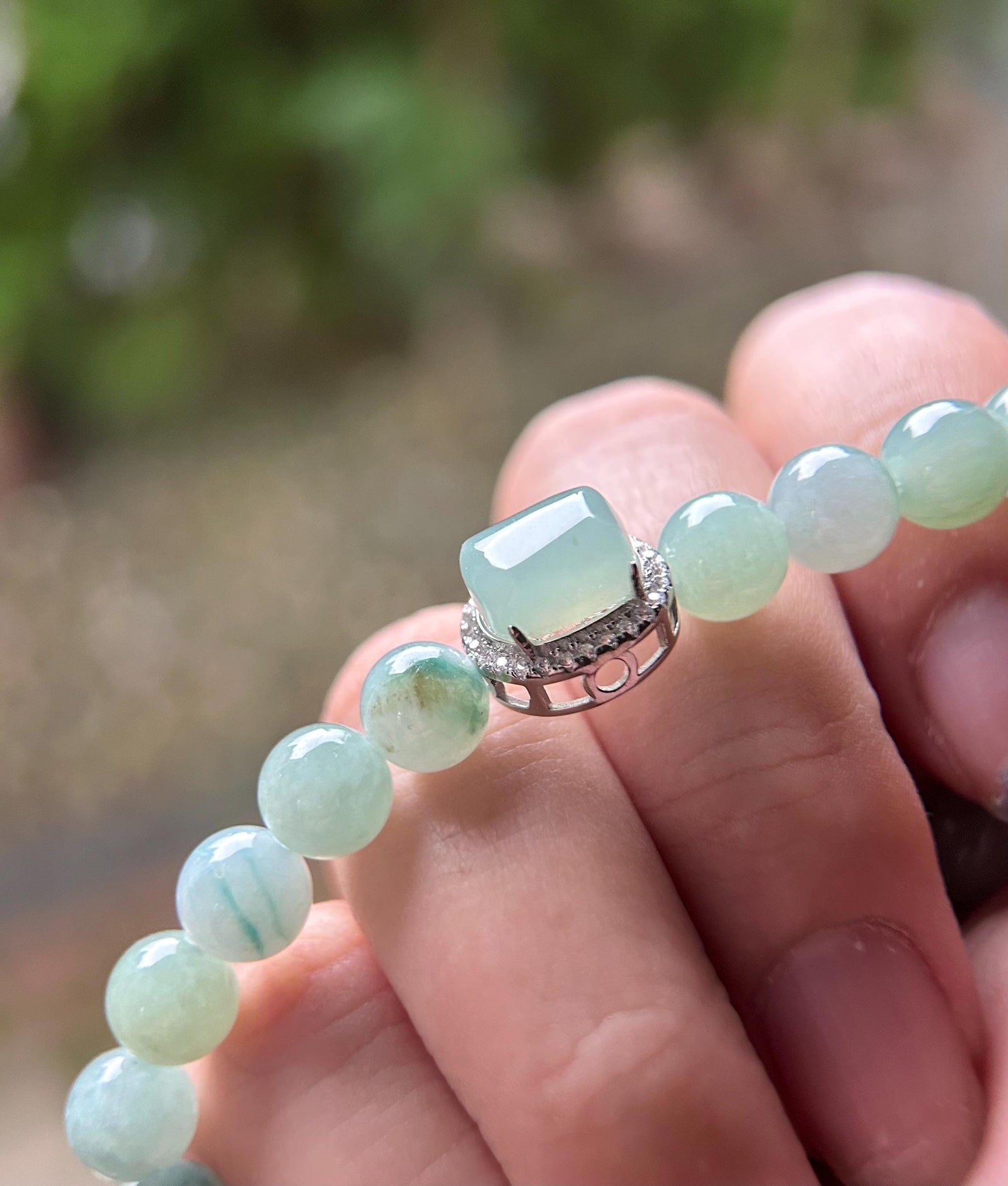 Natural Jadeite Beaded Bracelet with Ice Cube Focal Charm Burmese Type A Translucent Icy Blue Floral 7mm Jade