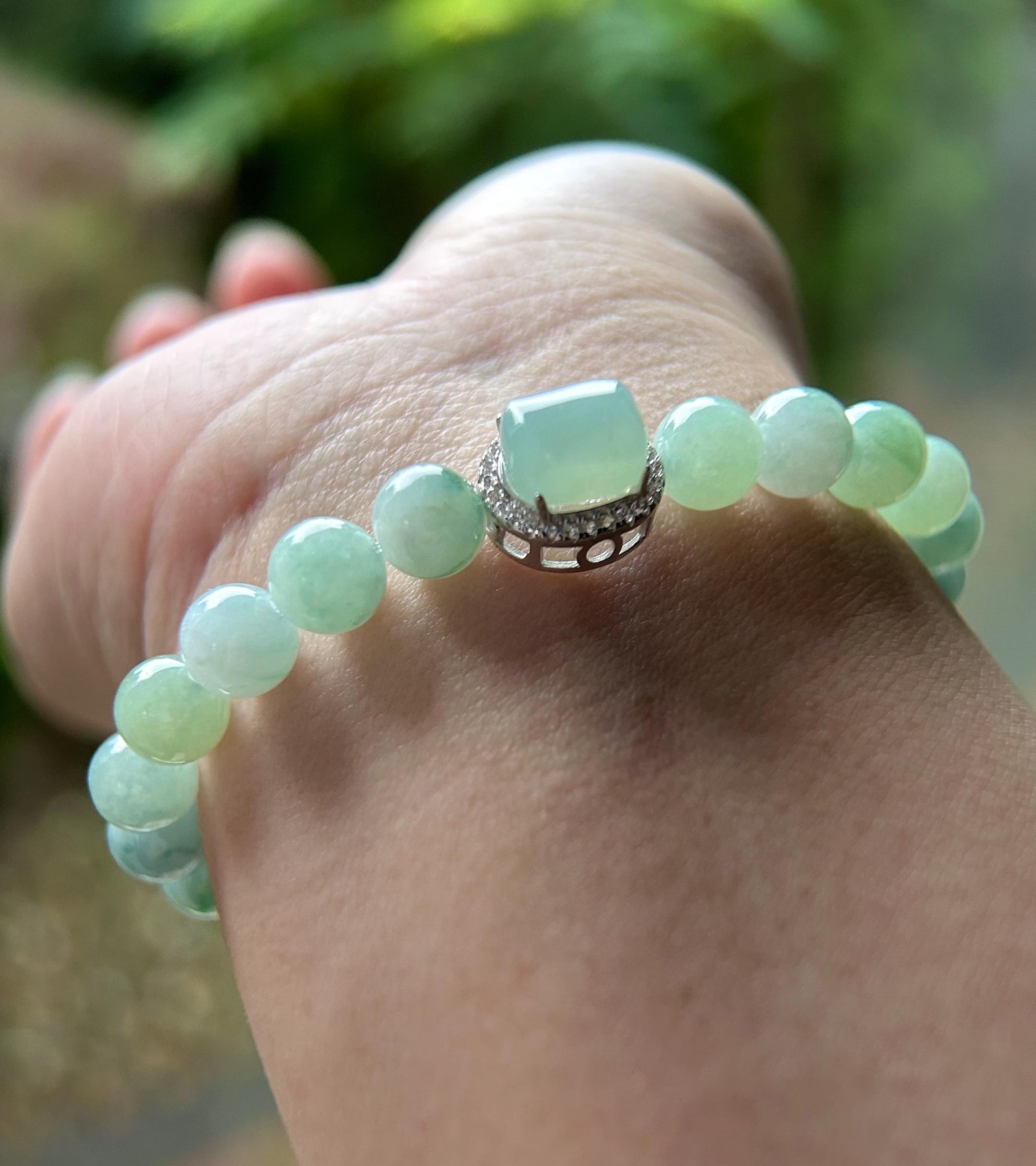 Natural Jadeite Beaded Bracelet with Ice Cube Focal Charm Burmese Type A Translucent Icy Blue Floral 7mm Jade