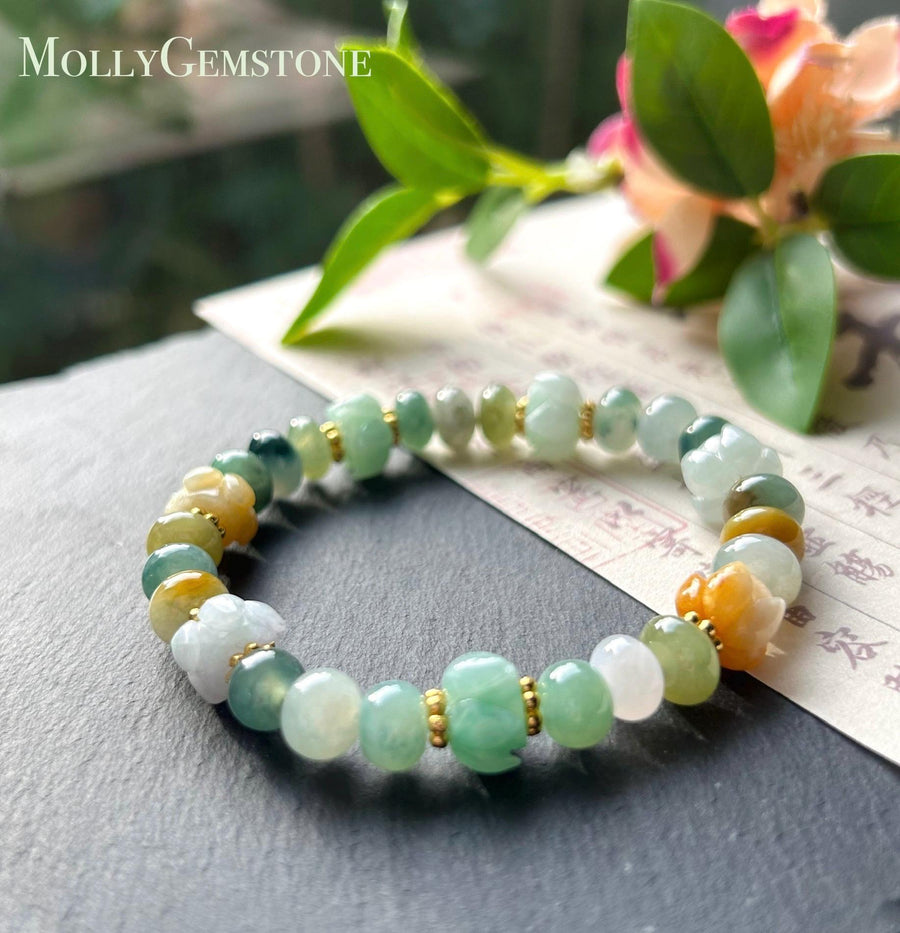 Natural Jadeite Beaded Bracelet Handmade Jewelry Burmese Type A Icy Translucent Autumn Multicolor Jade 8.5mm