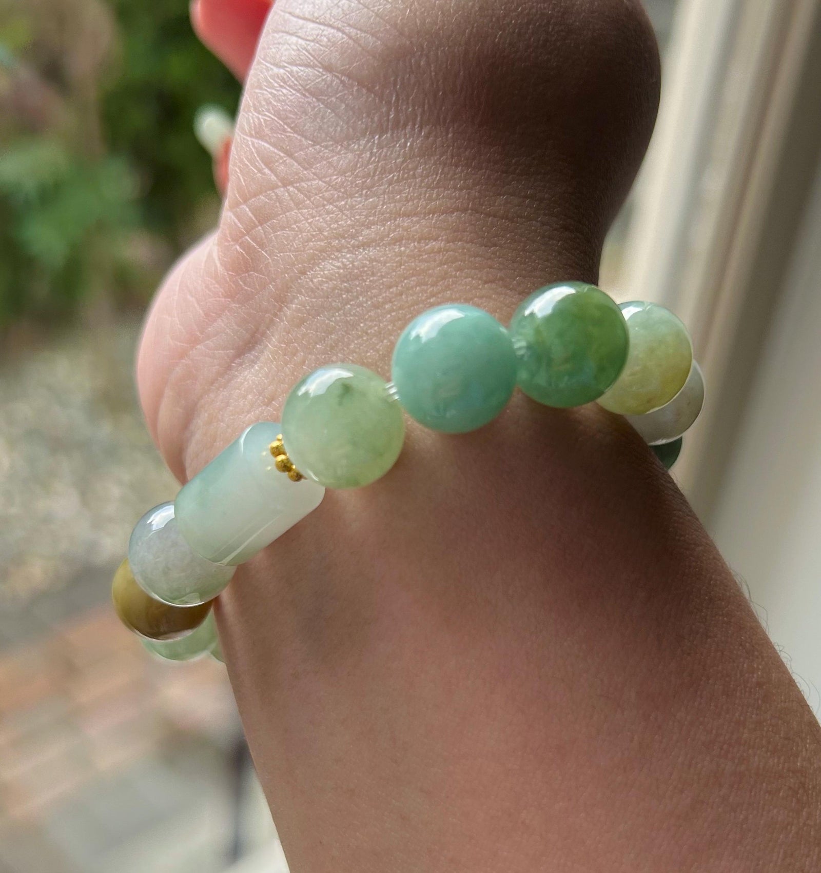Burmese Jadeite Beaded Bracelet: Natural Type A Highly Translucent Icy Autumn Multicolor 11.5mm Myanmar Jade Untreated