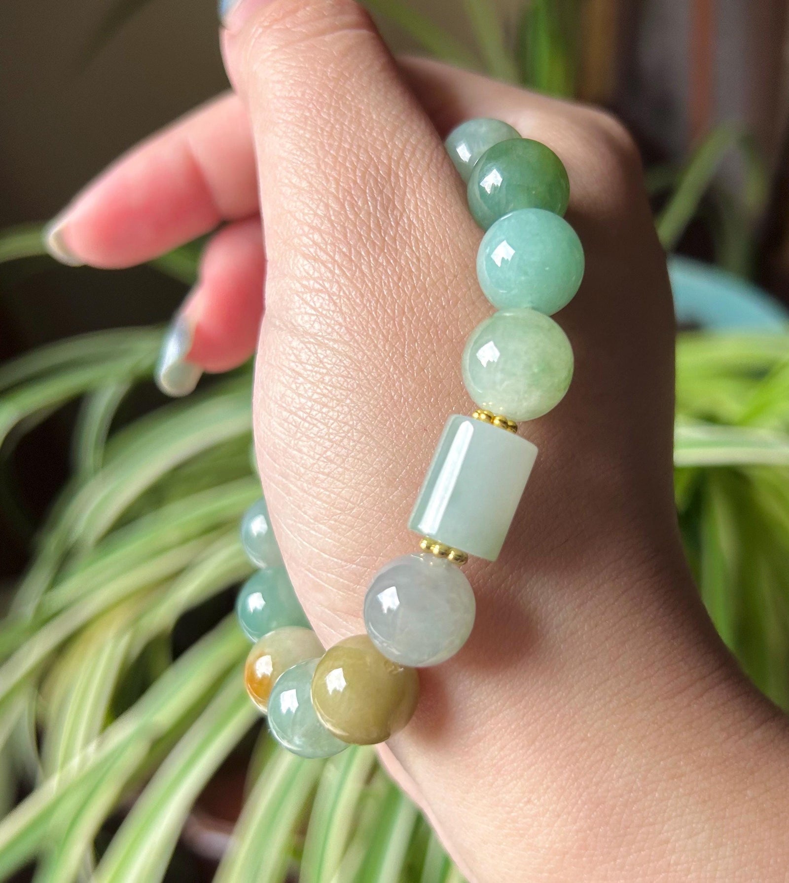 Burmese Jadeite Beaded Bracelet: Natural Type A Highly Translucent Icy Autumn Multicolor 11.5mm Myanmar Jade Untreated
