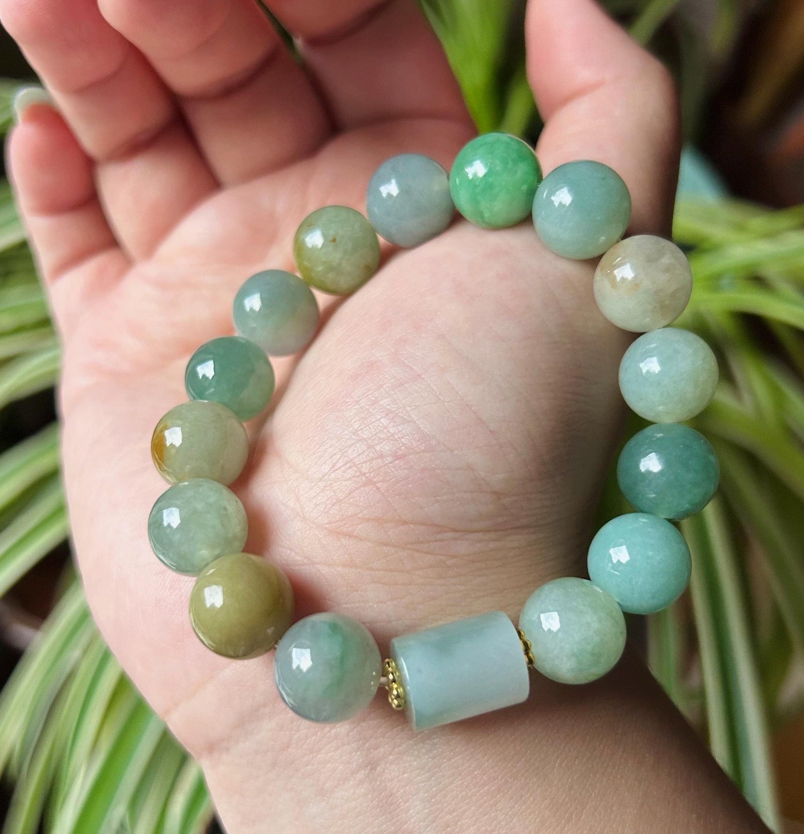 Burmese Jadeite Beaded Bracelet: Natural Type A Highly Translucent Icy Autumn Multicolor 11.5mm Myanmar Jade Untreated