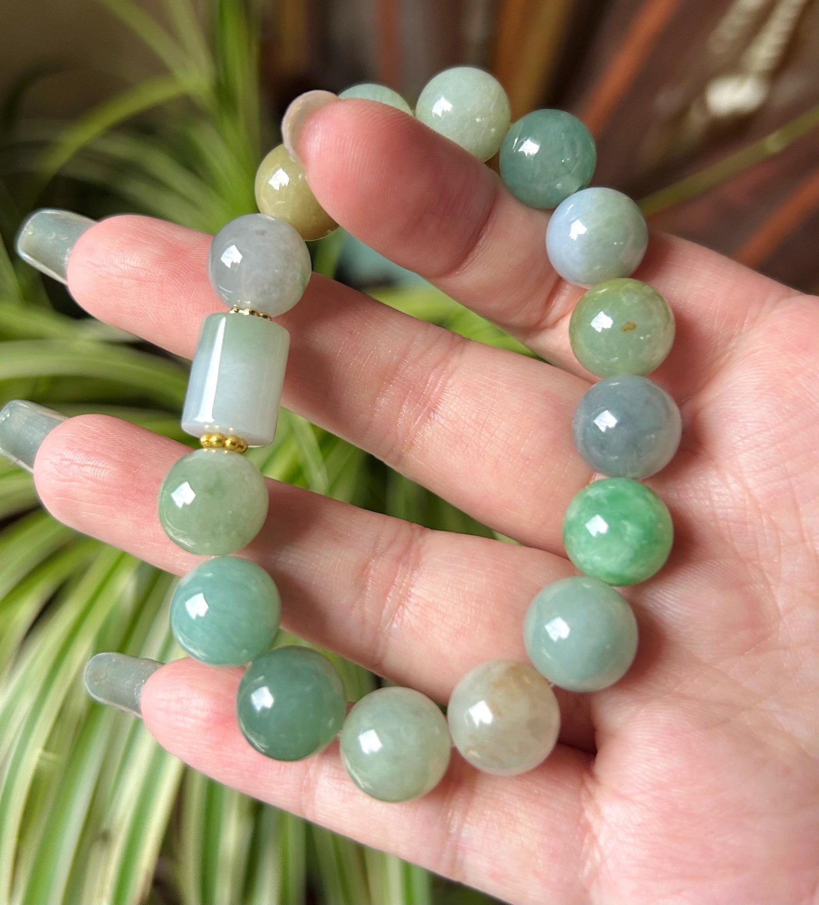 Burmese Jadeite Beaded Bracelet: Natural Type A Highly Translucent Icy Autumn Multicolor 11.5mm Myanmar Jade Untreated