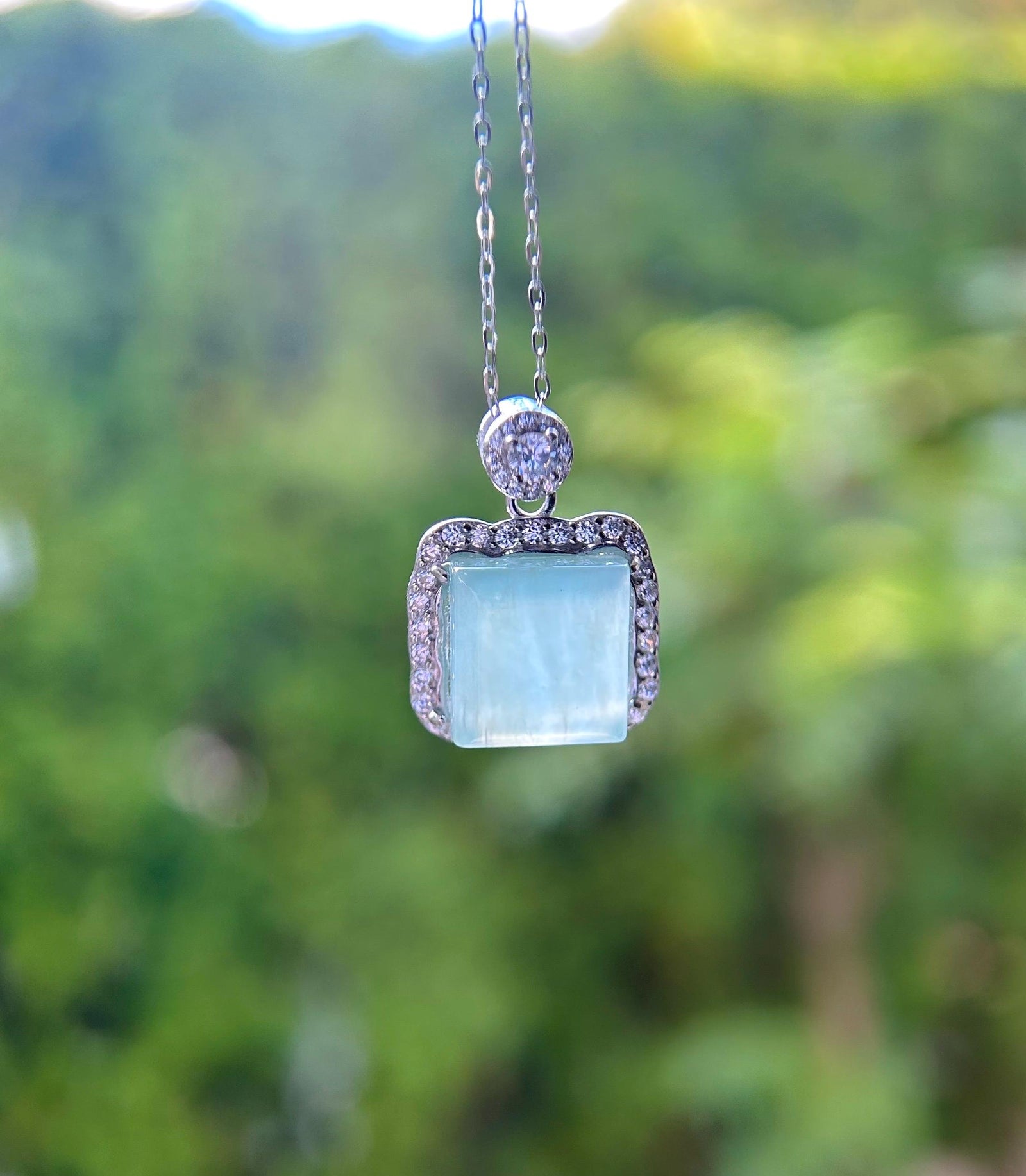 Jadeite Pendant Necklace Natural Burmese Type A Highly Translucent Icy Blue Myanmar Jade & Sterling Silver
