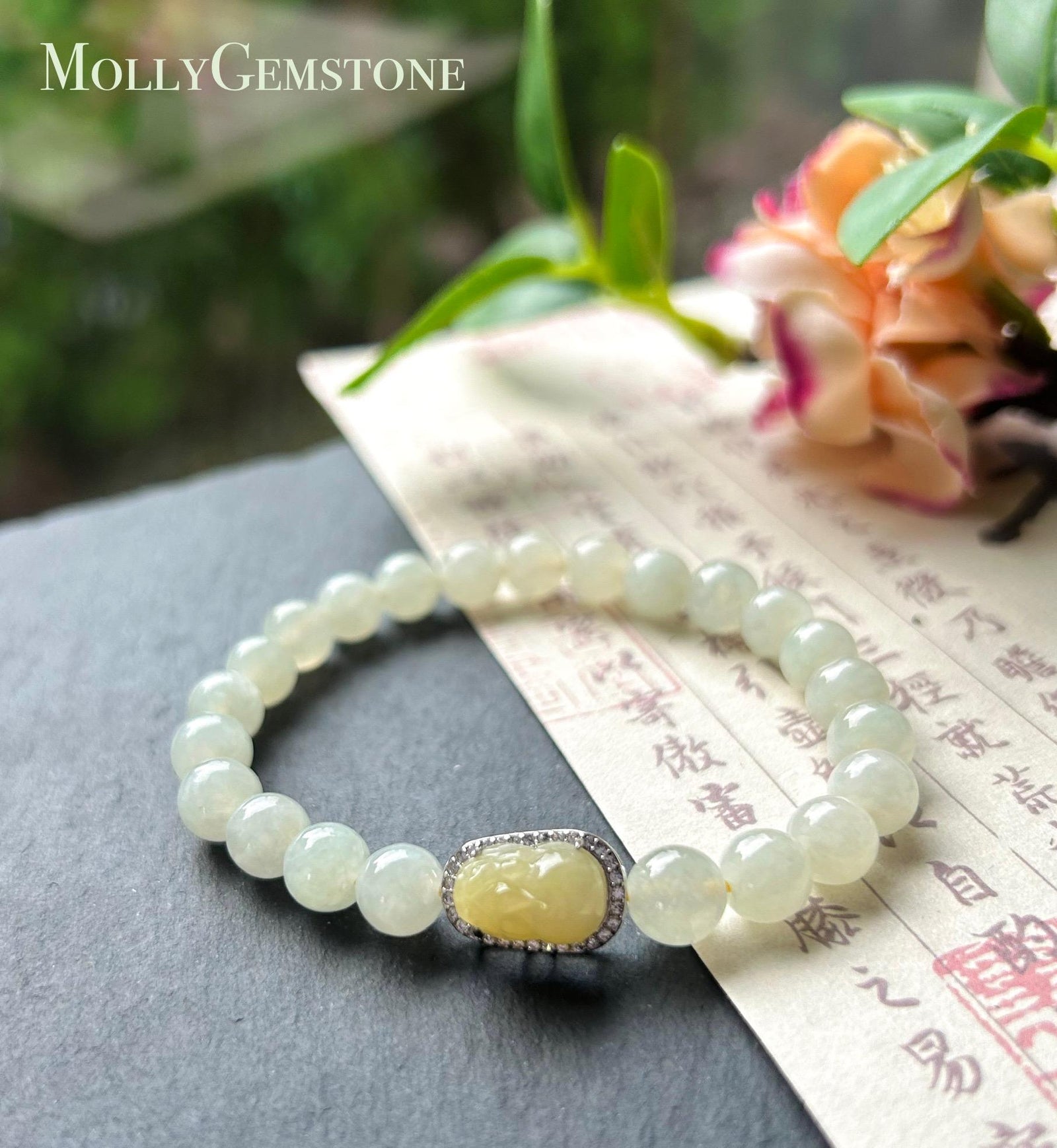 Natural Jadeite Beaded Bracelet | Burmese Type A Icy Yellow Green 7mm Beads | Jade Pixiu Wealth Charm in Sterling Silver Frame