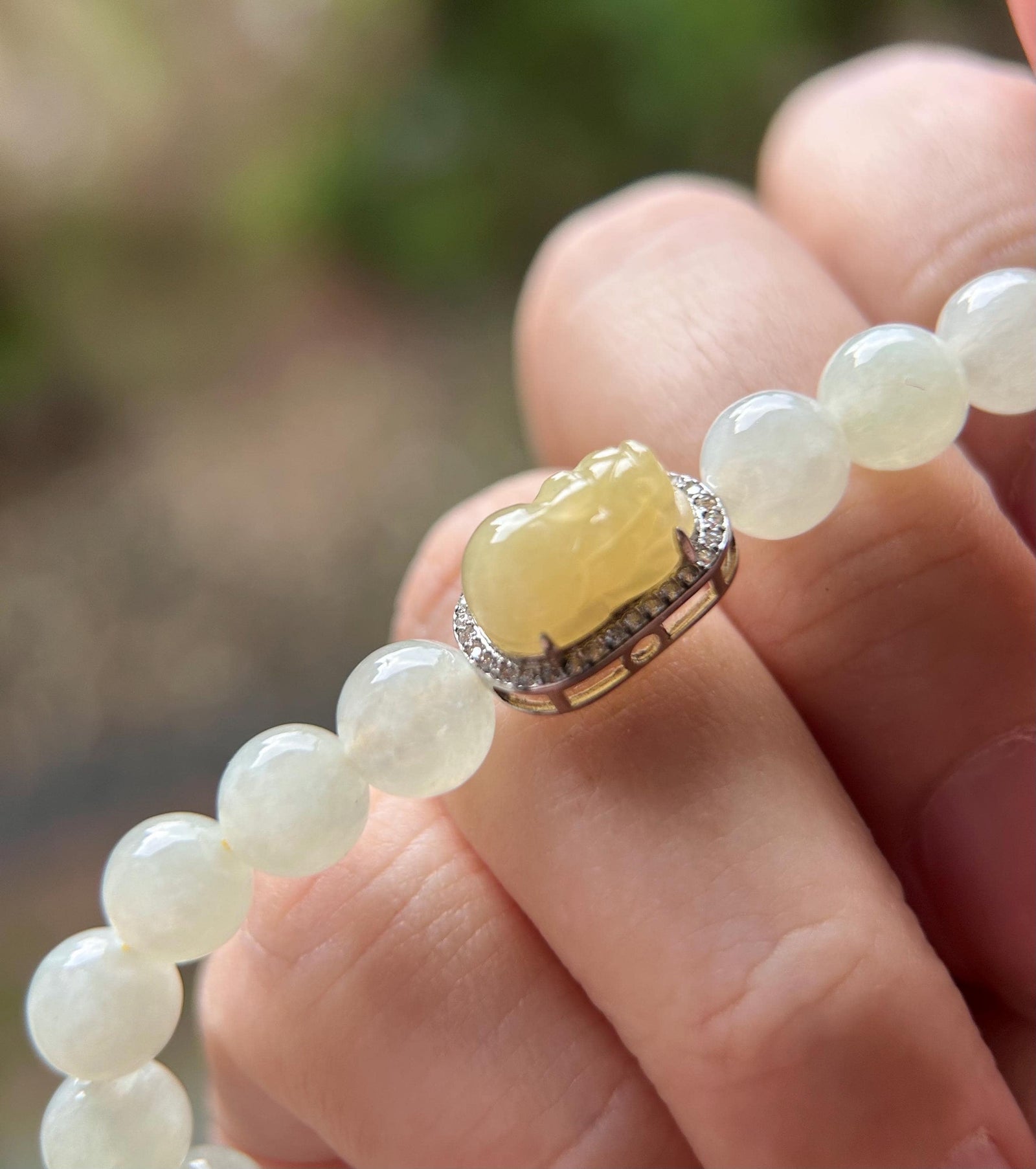 Natural Jadeite Beaded Bracelet | Burmese Type A Icy Yellow Green 7mm Beads | Jade Pixiu Wealth Charm in Sterling Silver Frame