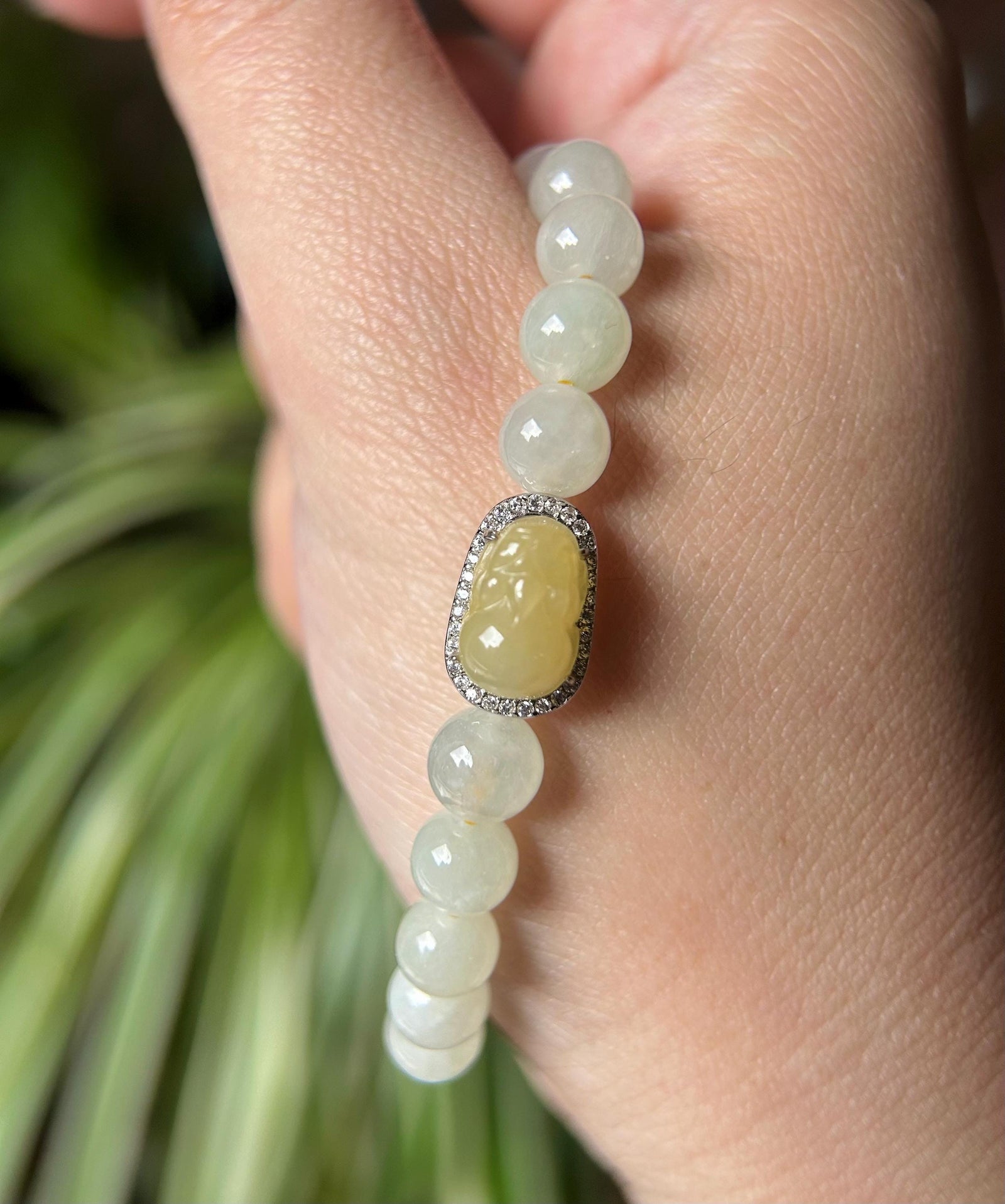 Natural Jadeite Beaded Bracelet | Burmese Type A Icy Yellow Green 7mm Beads | Jade Pixiu Wealth Charm in Sterling Silver Frame