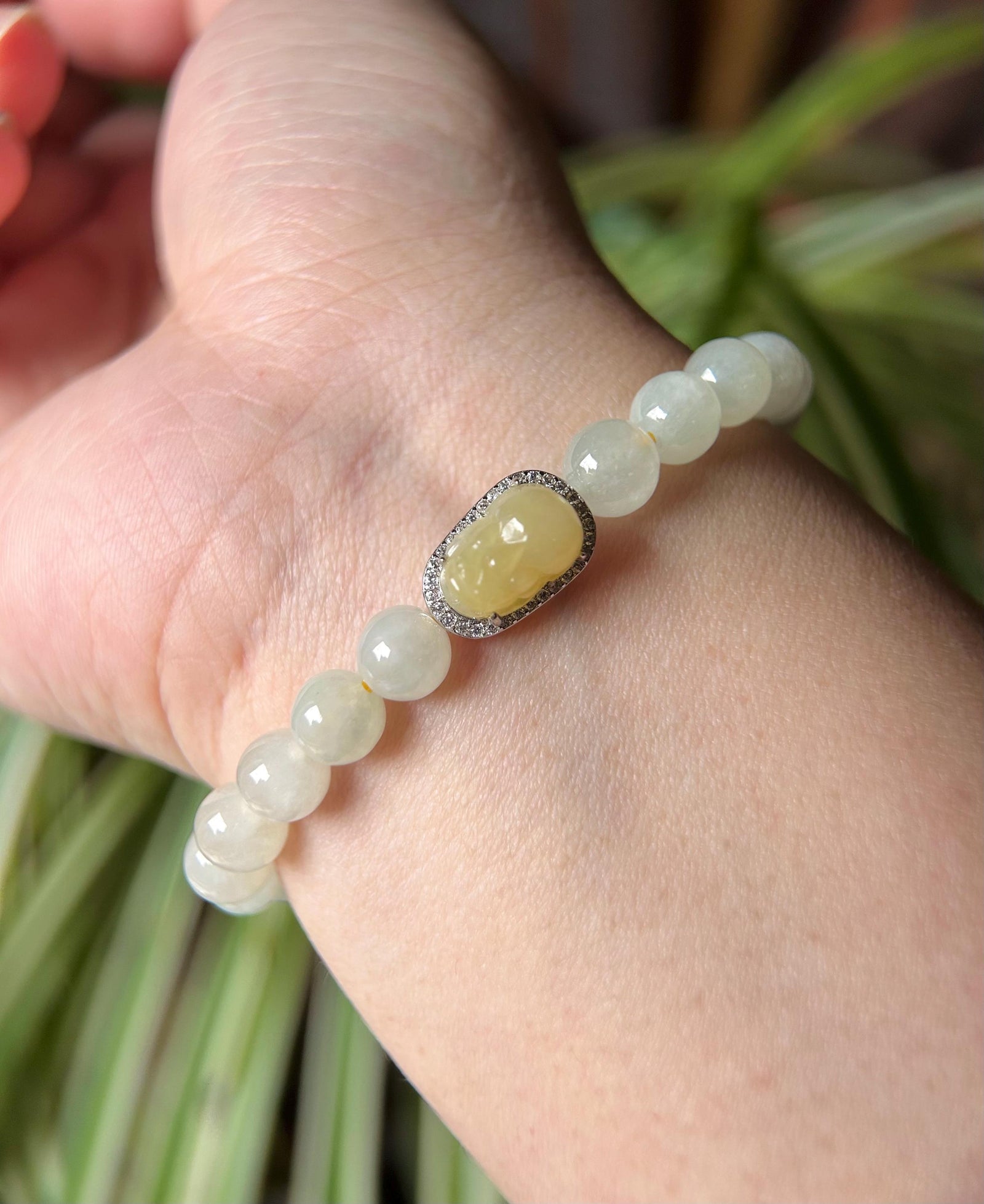 Natural Jadeite Beaded Bracelet | Burmese Type A Icy Yellow Green 7mm Beads | Jade Pixiu Wealth Charm in Sterling Silver Frame