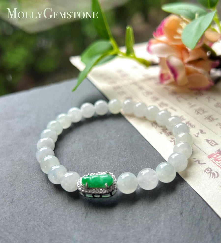Natural Jadeite Beaded Bracelet – Burmese Type A Icy White 7mm Beads, Green Jade Pea Charm, Sterling Silver Frame