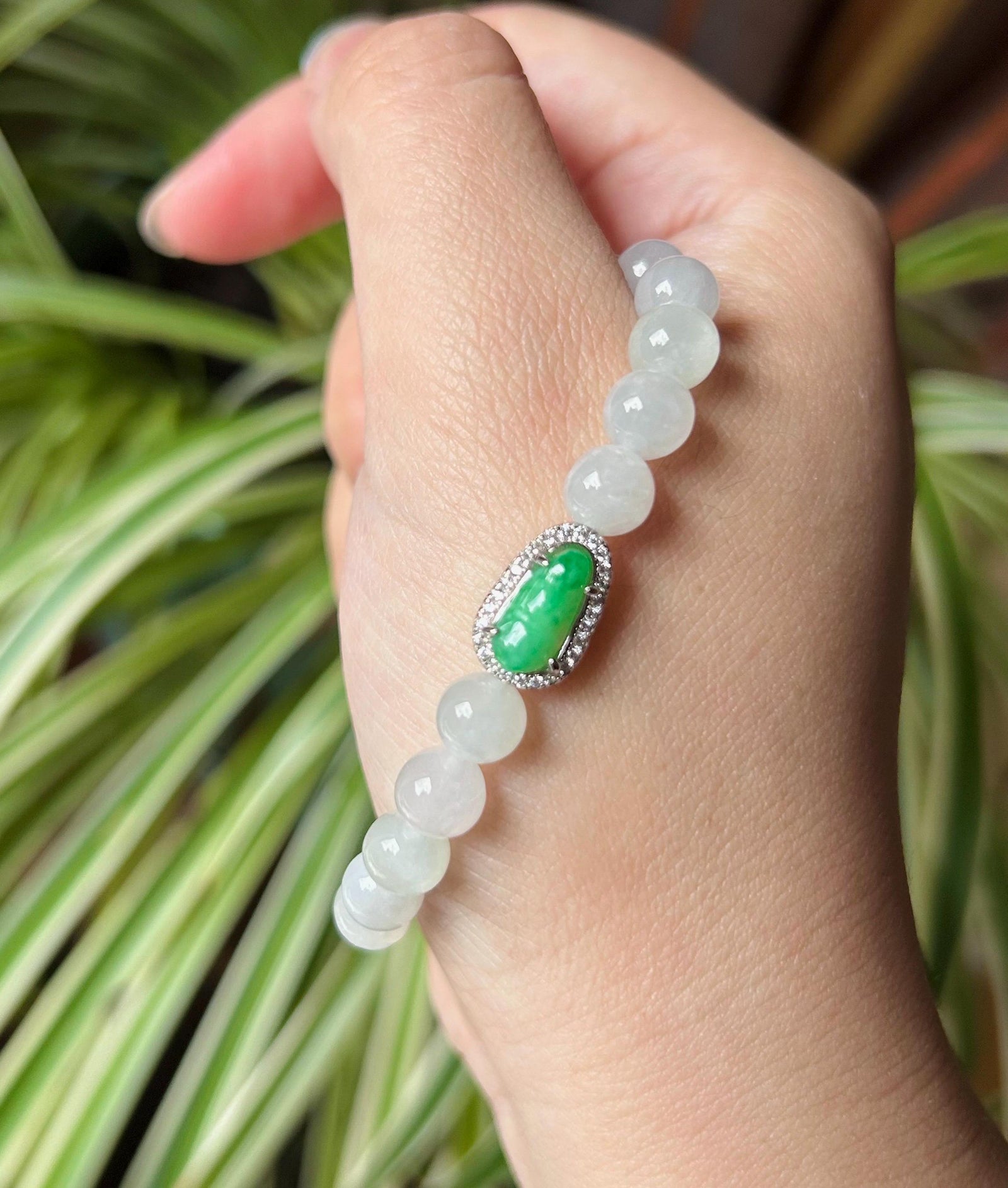 Natural Jadeite Beaded Bracelet – Burmese Type A Icy White 7mm Beads, Green Jade Pea Charm, Sterling Silver Frame