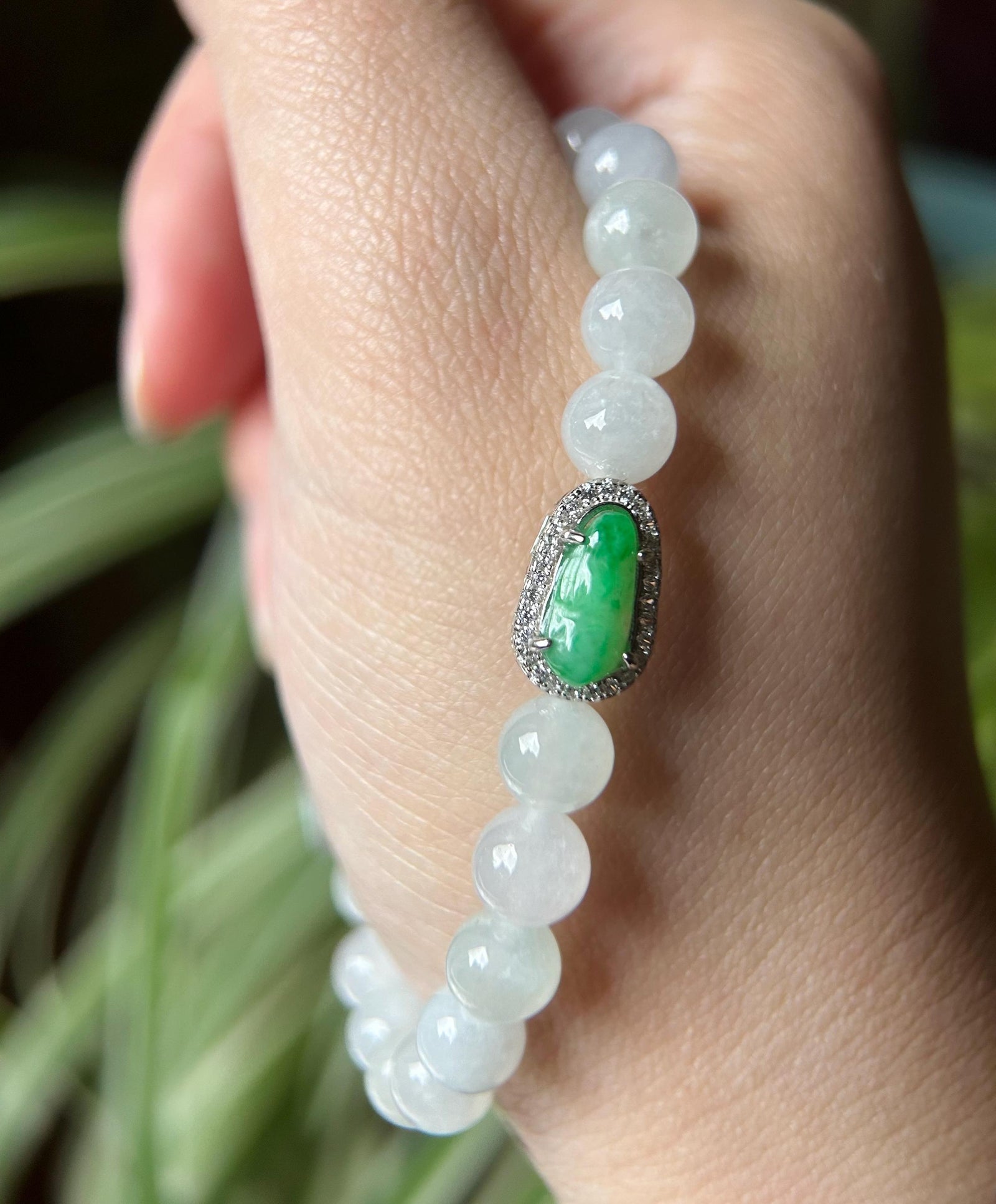 Natural Jadeite Beaded Bracelet – Burmese Type A Icy White 7mm Beads, Green Jade Pea Charm, Sterling Silver Frame