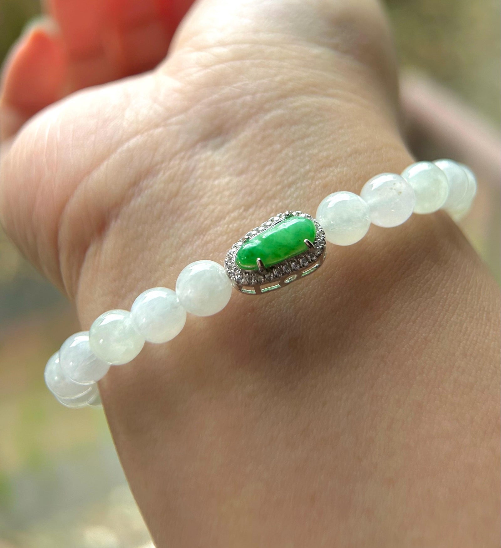 Natural Jadeite Beaded Bracelet – Burmese Type A Icy White 7mm Beads, Green Jade Pea Charm, Sterling Silver Frame