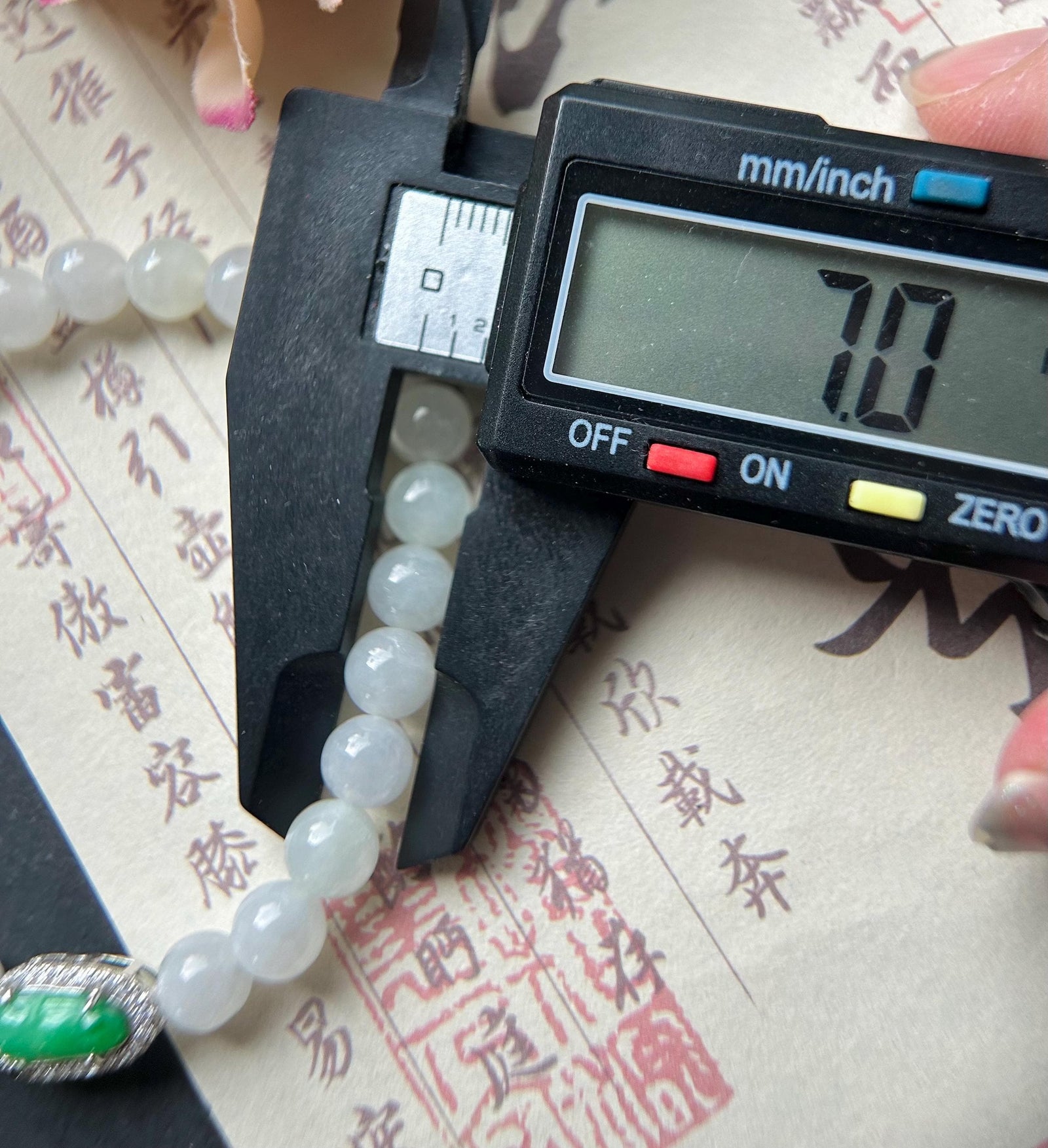 Natural Jadeite Beaded Bracelet – Burmese Type A Icy White 7mm Beads, Green Jade Pea Charm, Sterling Silver Frame