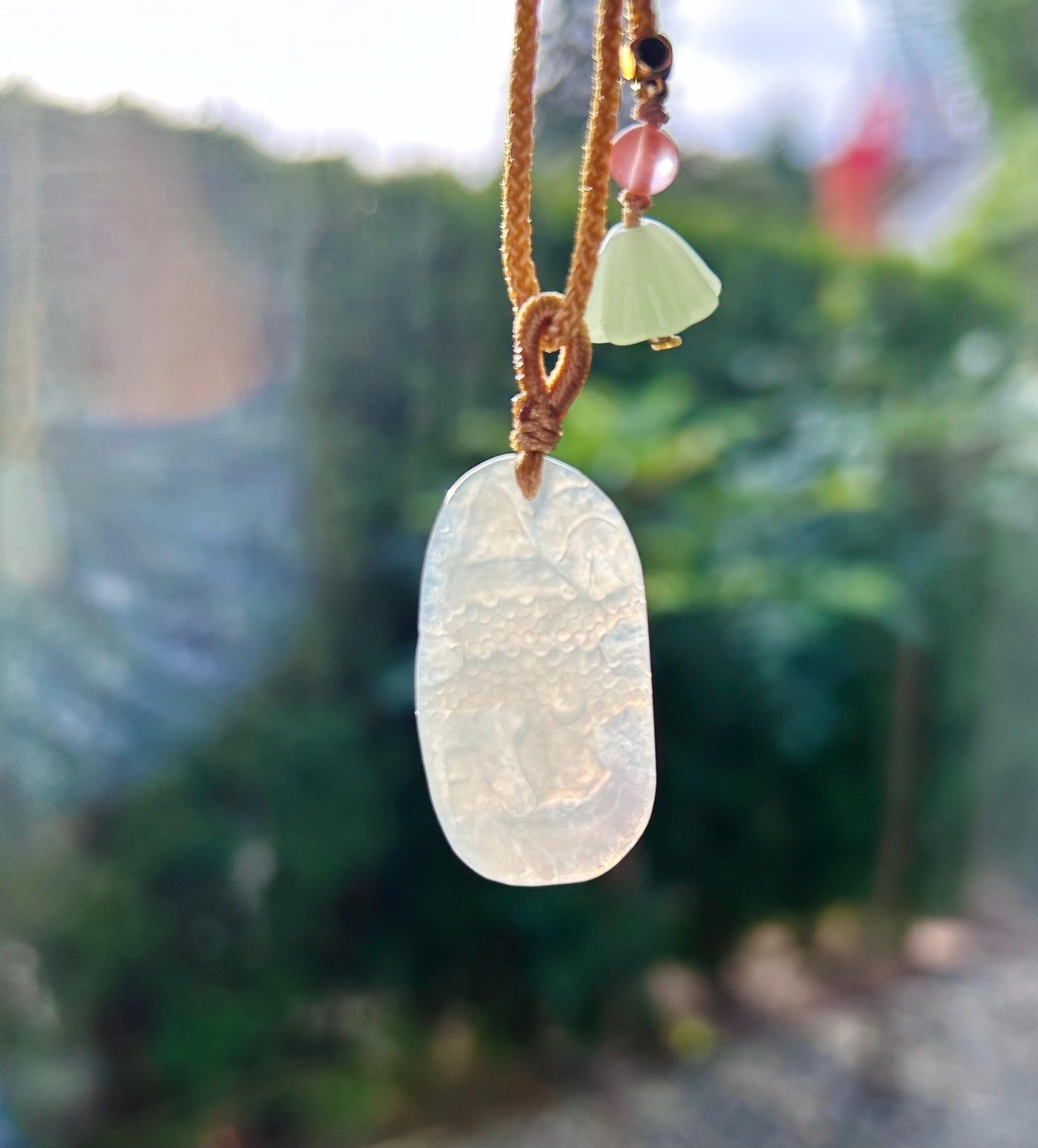 Burmese Icy White Jadeite Landscape Pendant Handwoven Necklace: Hand-Carved Natural Untreated Type A Myanmar Jade Jewelry