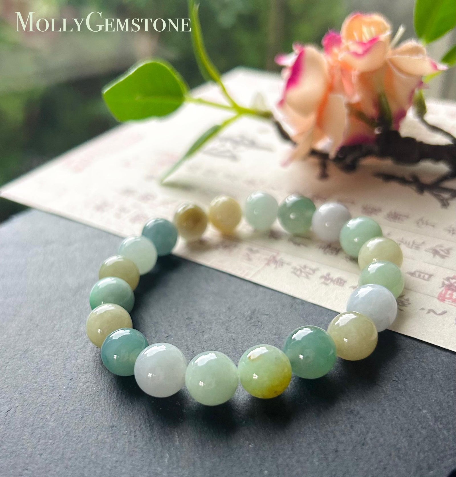 Burmese Jadeite Beaded Bracelet: Natural Type A Highly Translucent Icy Autumn Multicolor 10mm Myanmar Jade Untreated