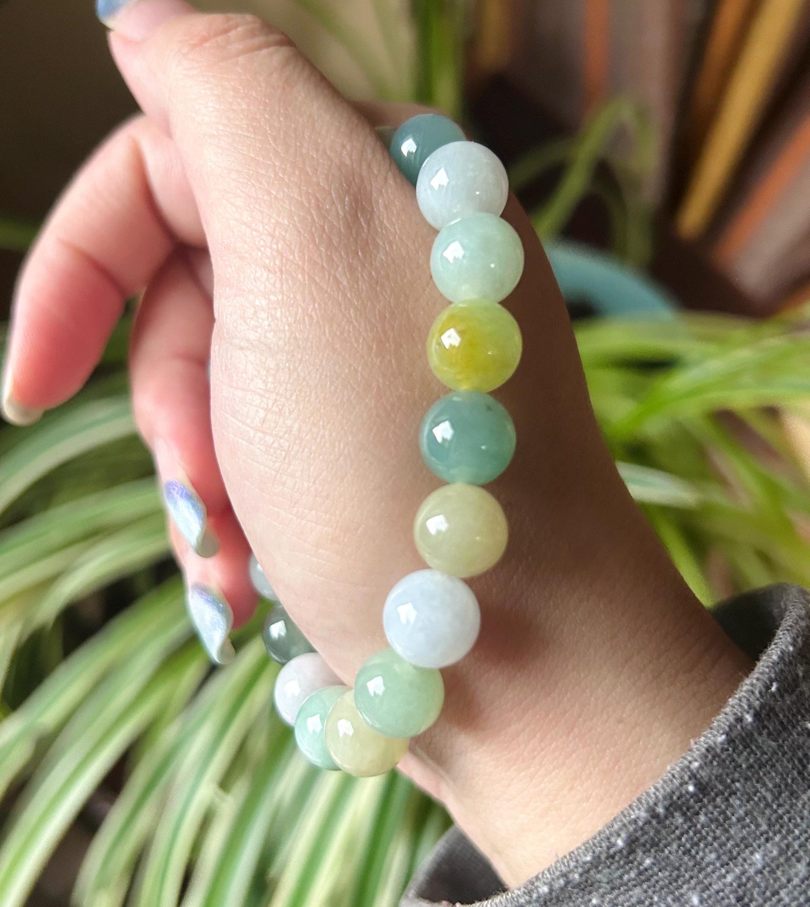 Burmese Jadeite Beaded Bracelet: Natural Type A Highly Translucent Icy Autumn Multicolor 10mm Myanmar Jade Untreated