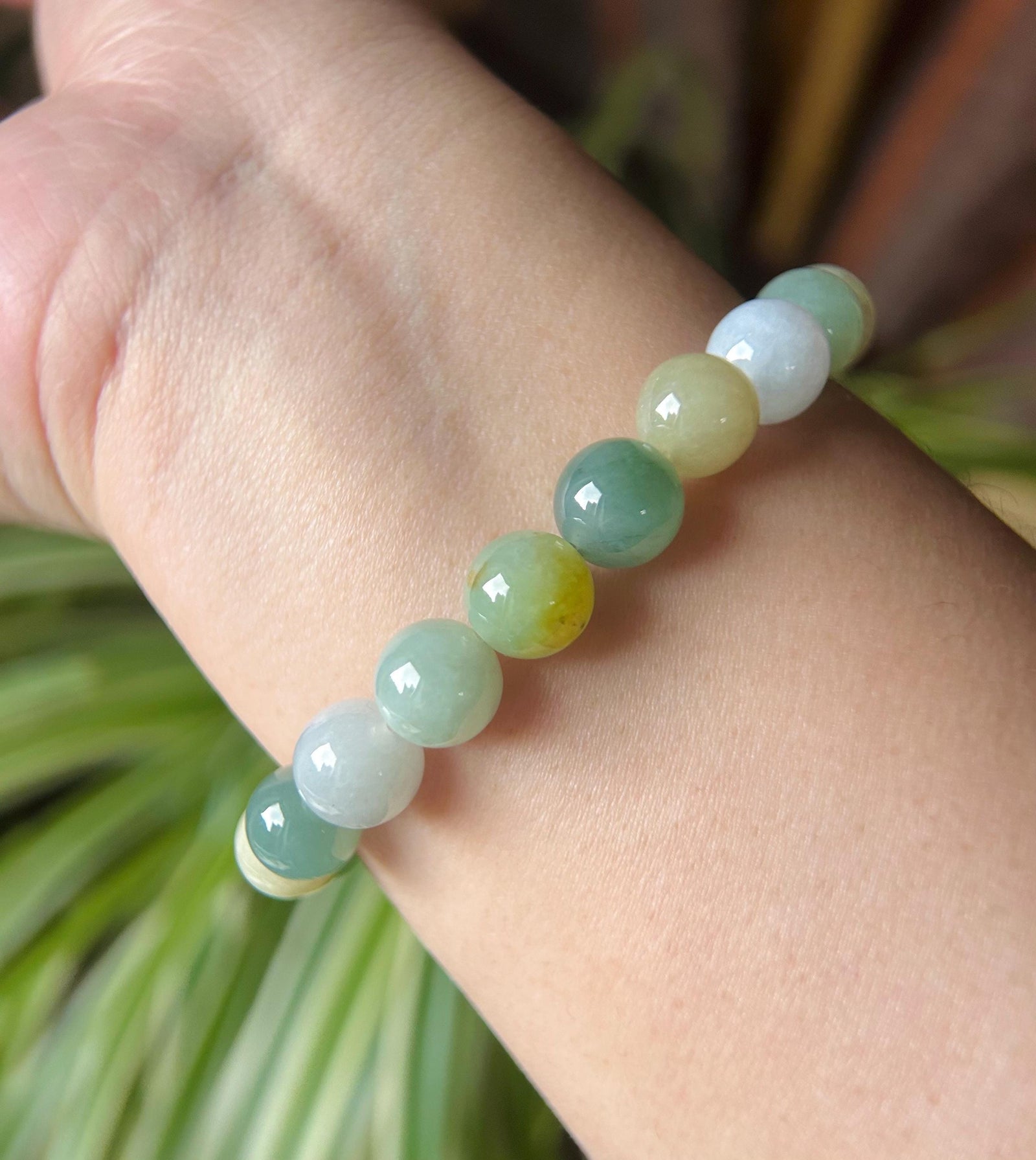 Burmese Jadeite Beaded Bracelet: Natural Type A Highly Translucent Icy Autumn Multicolor 10mm Myanmar Jade Untreated