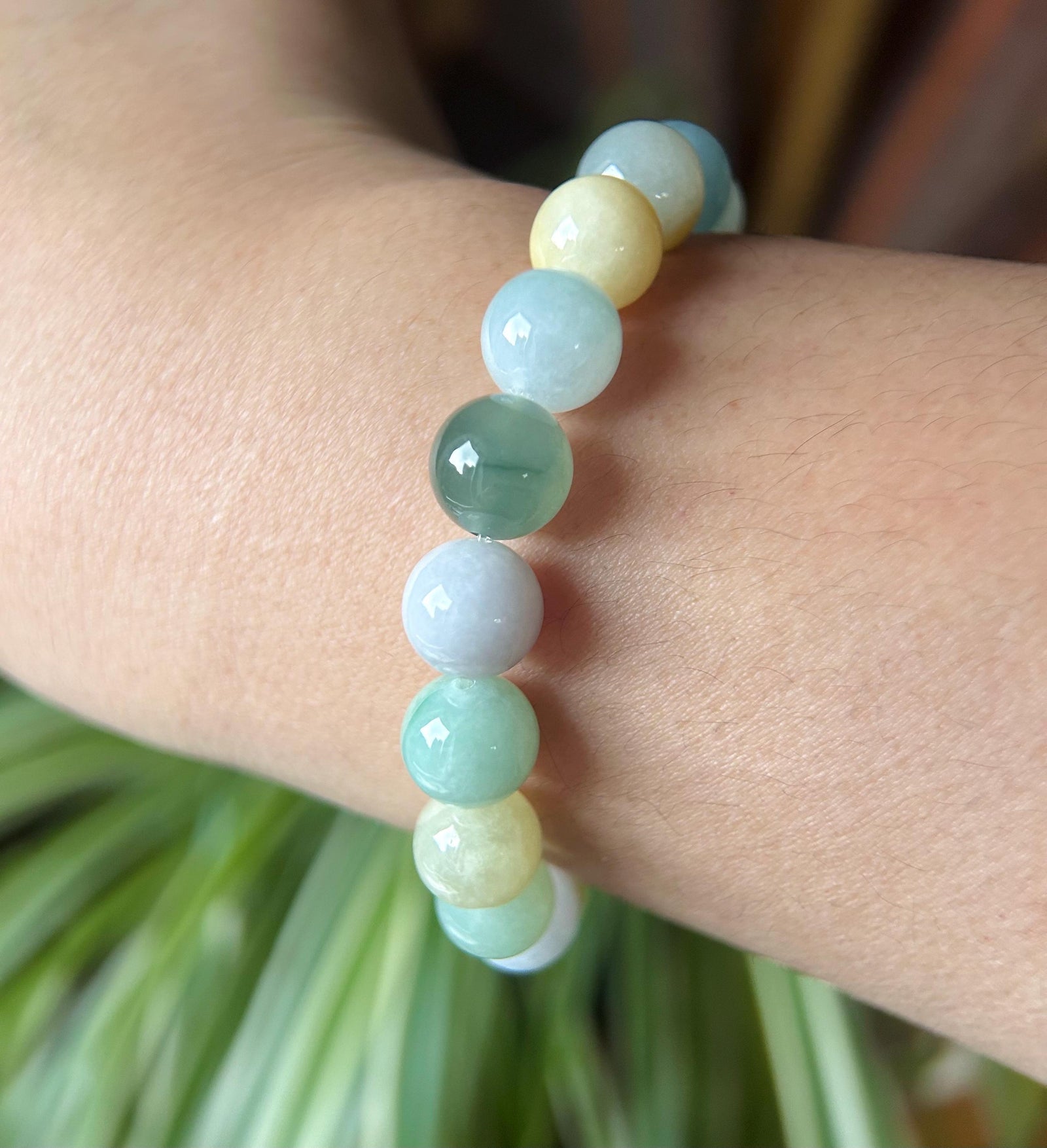 Burmese Jadeite Beaded Bracelet: Natural Type A Highly Translucent Icy Autumn Multicolor 10mm Myanmar Jade Untreated