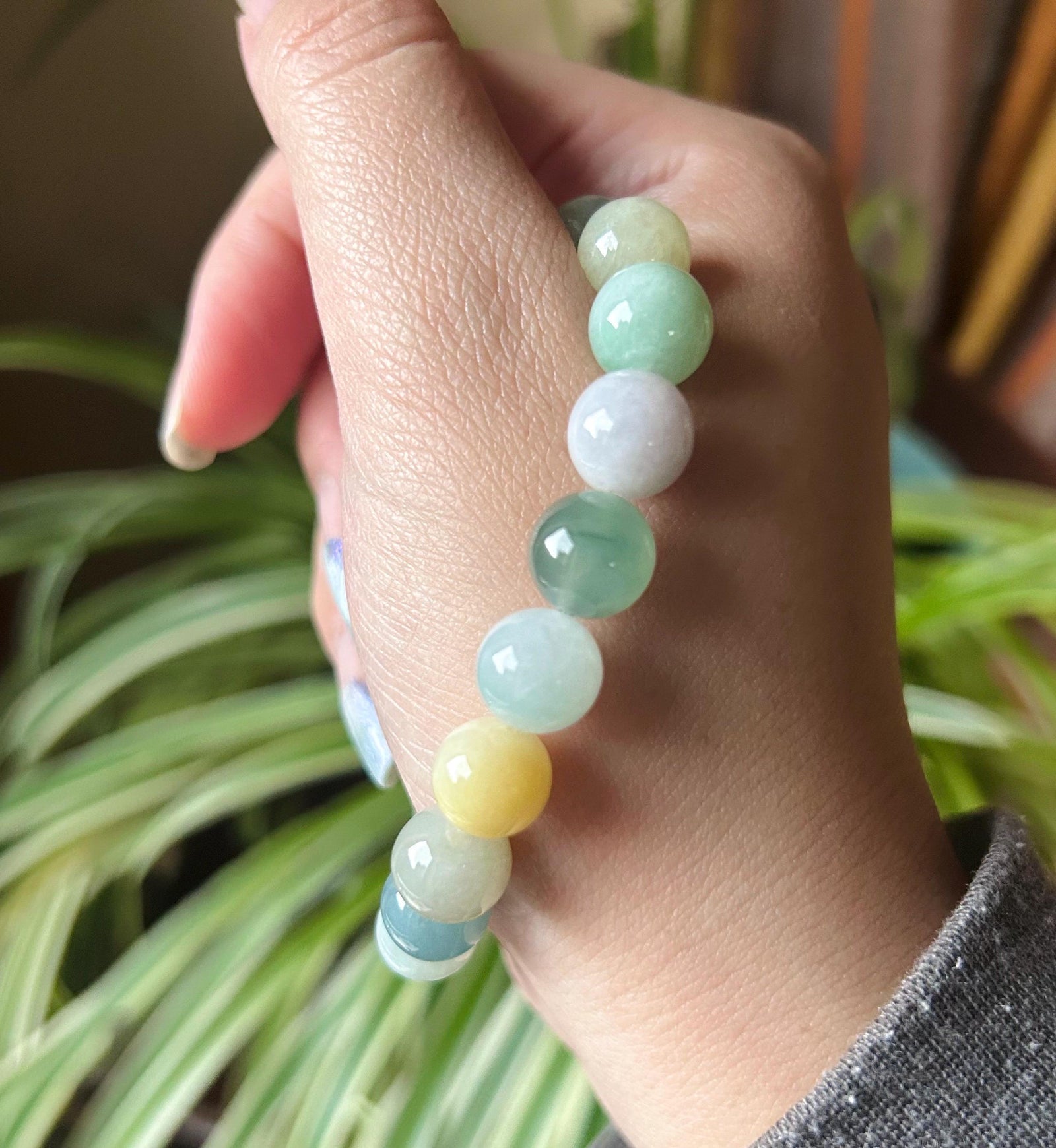 Burmese Jadeite Beaded Bracelet: Natural Type A Highly Translucent Icy Autumn Multicolor 10mm Myanmar Jade Untreated