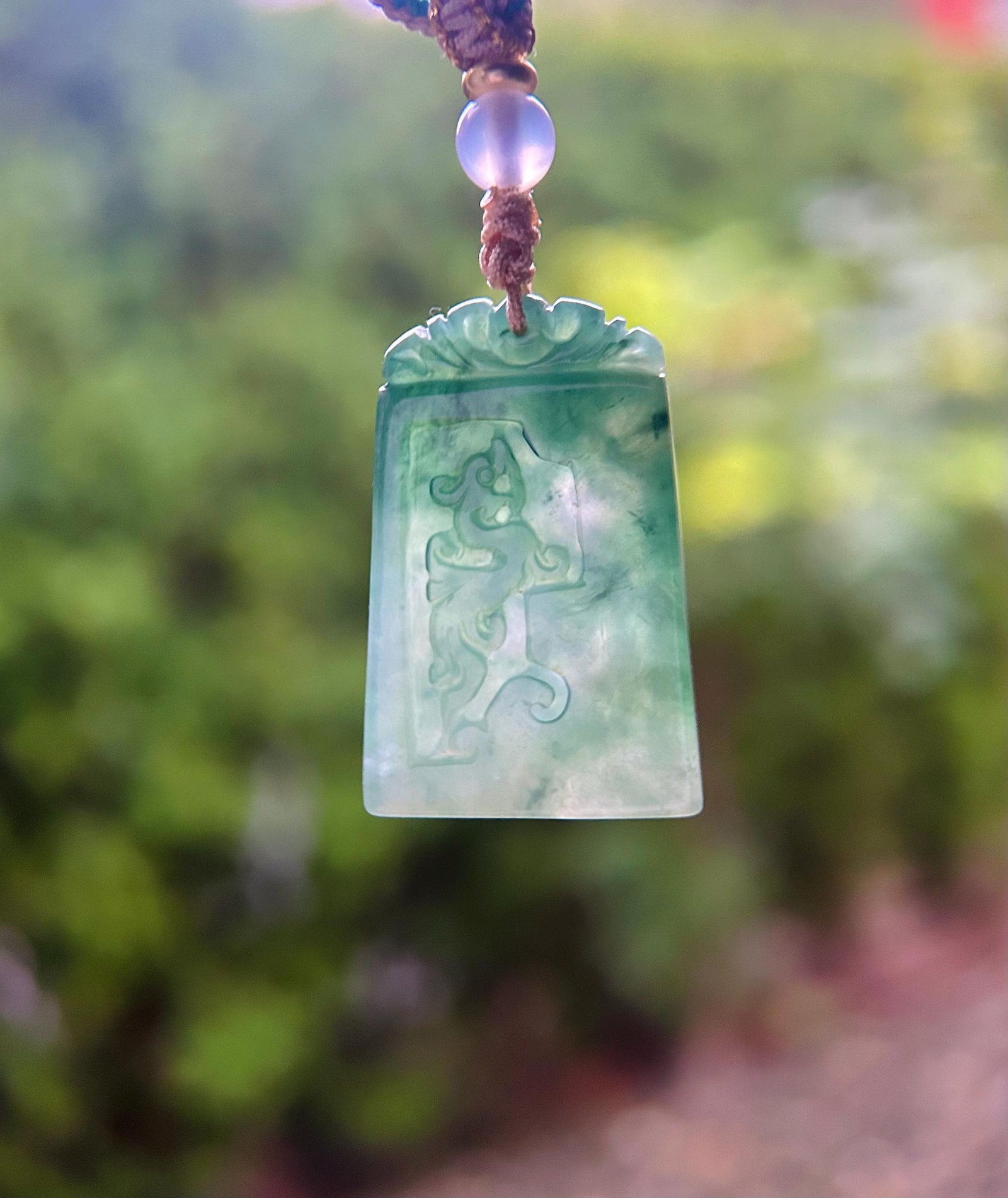 Burmese Jadeite Dragon and Phoenix Pendant Handwoven Necklace: Hand-Carved Natural Type A Myanmar Icy Bluish Green Jade Jewelry