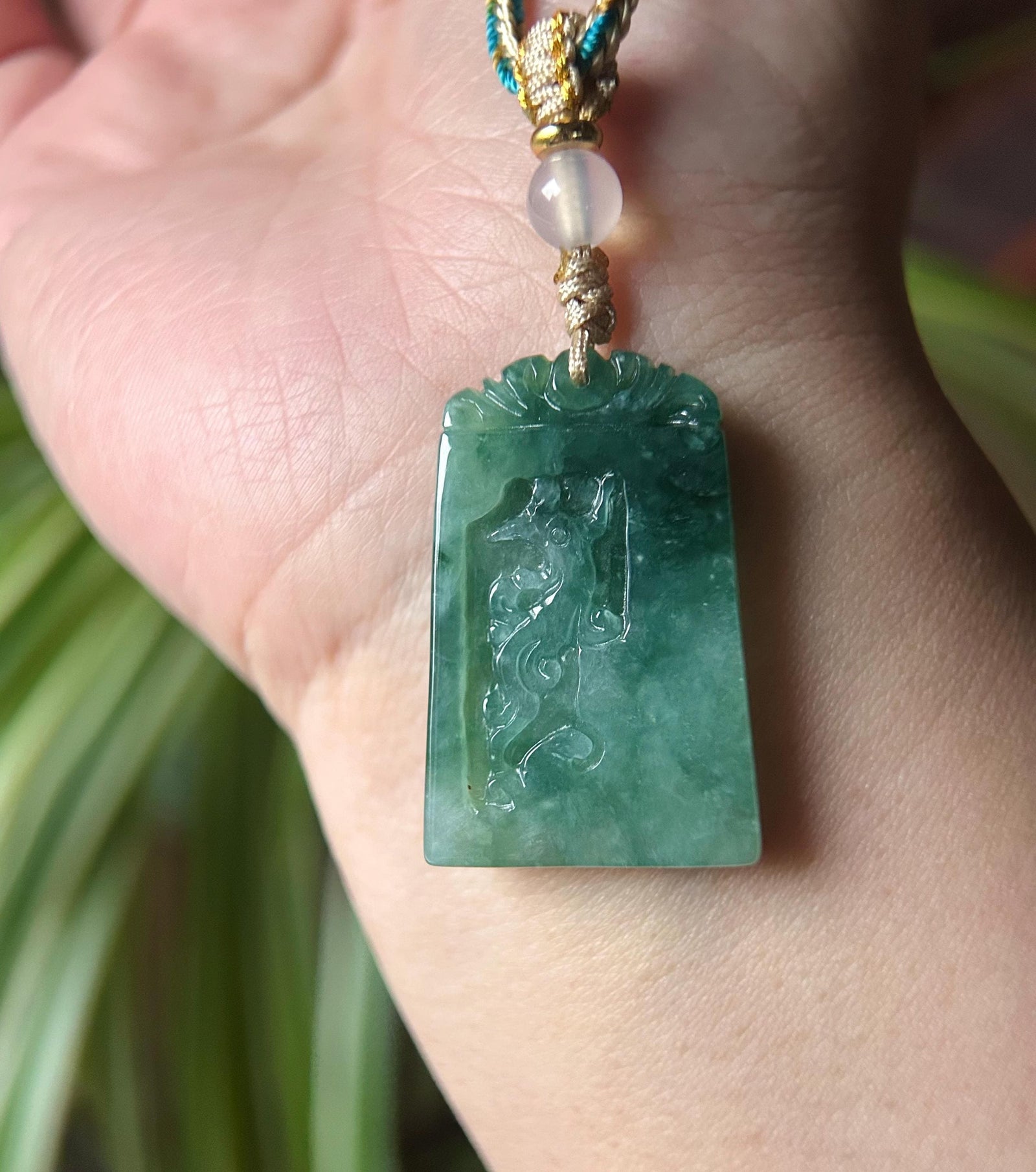 Burmese Jadeite Dragon and Phoenix Pendant Handwoven Necklace: Hand-Carved Natural Type A Myanmar Icy Bluish Green Jade Jewelry