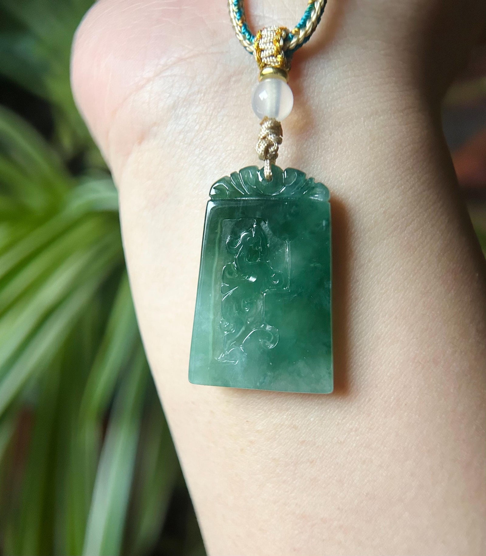 Burmese Jadeite Dragon and Phoenix Pendant Handwoven Necklace: Hand-Carved Natural Type A Myanmar Icy Bluish Green Jade Jewelry