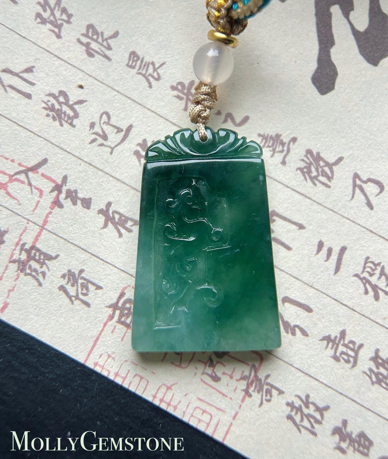 Burmese Jadeite Dragon and Phoenix Pendant Handwoven Necklace: Hand-Carved Natural Type A Myanmar Icy Bluish Green Jade Jewelry