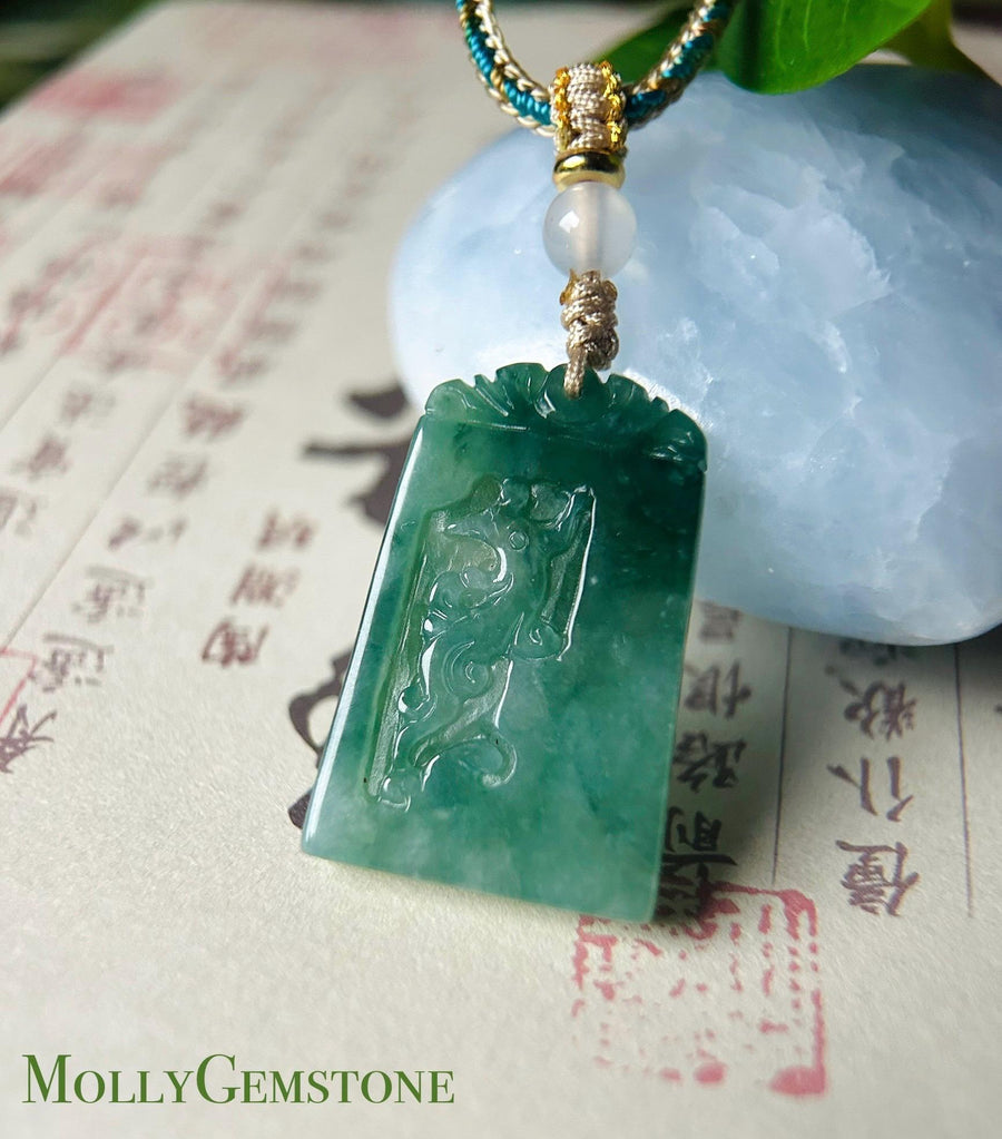 Burmese Jadeite Dragon and Phoenix Pendant Handwoven Necklace: Hand-Carved Natural Type A Myanmar Icy Bluish Green Jade Jewelry