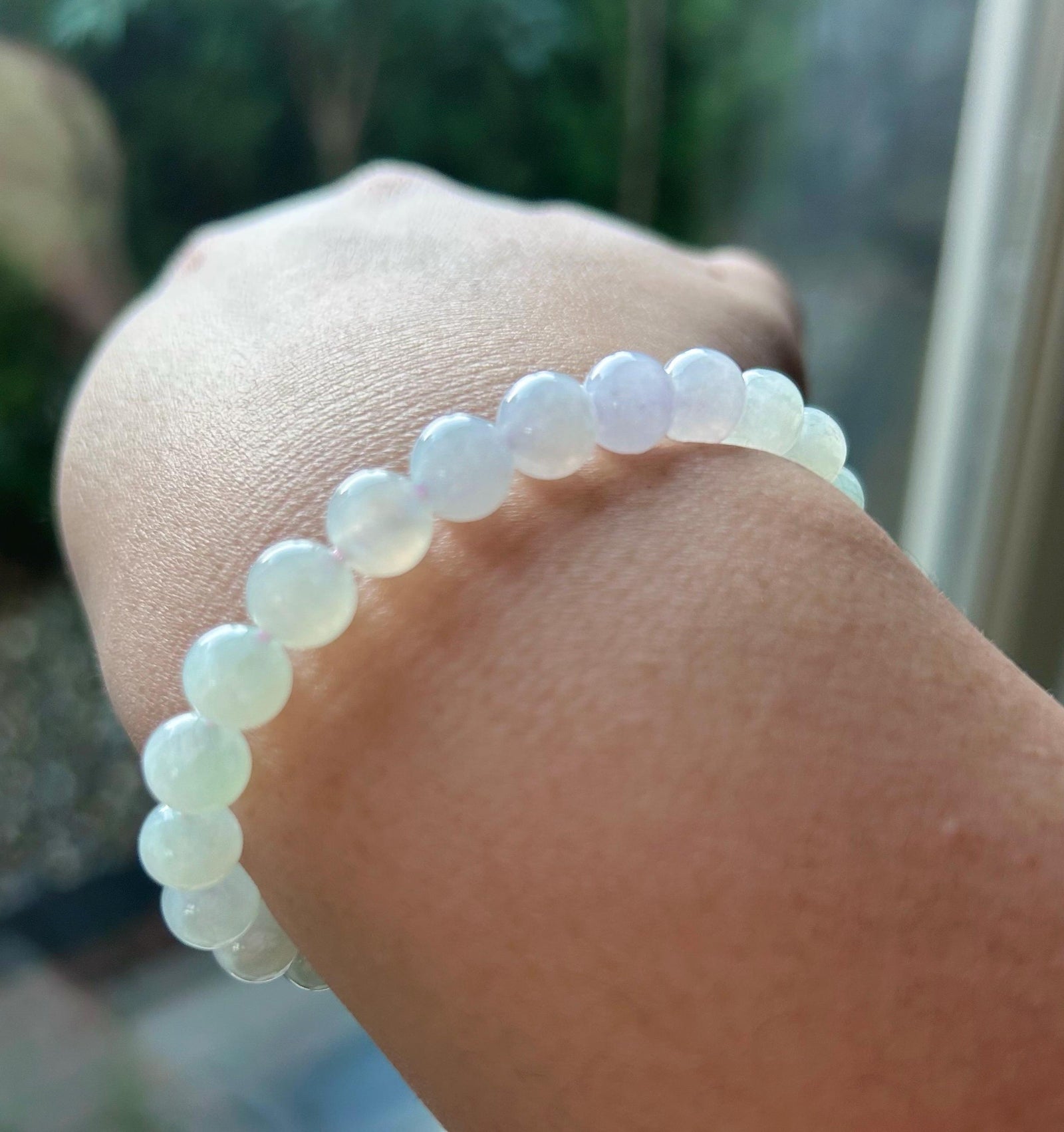 Burmese Jadeite Beaded Bracelet: Natural Type A Icy Translucent Light Green Purple 7mm Myanmar Jade Untreated