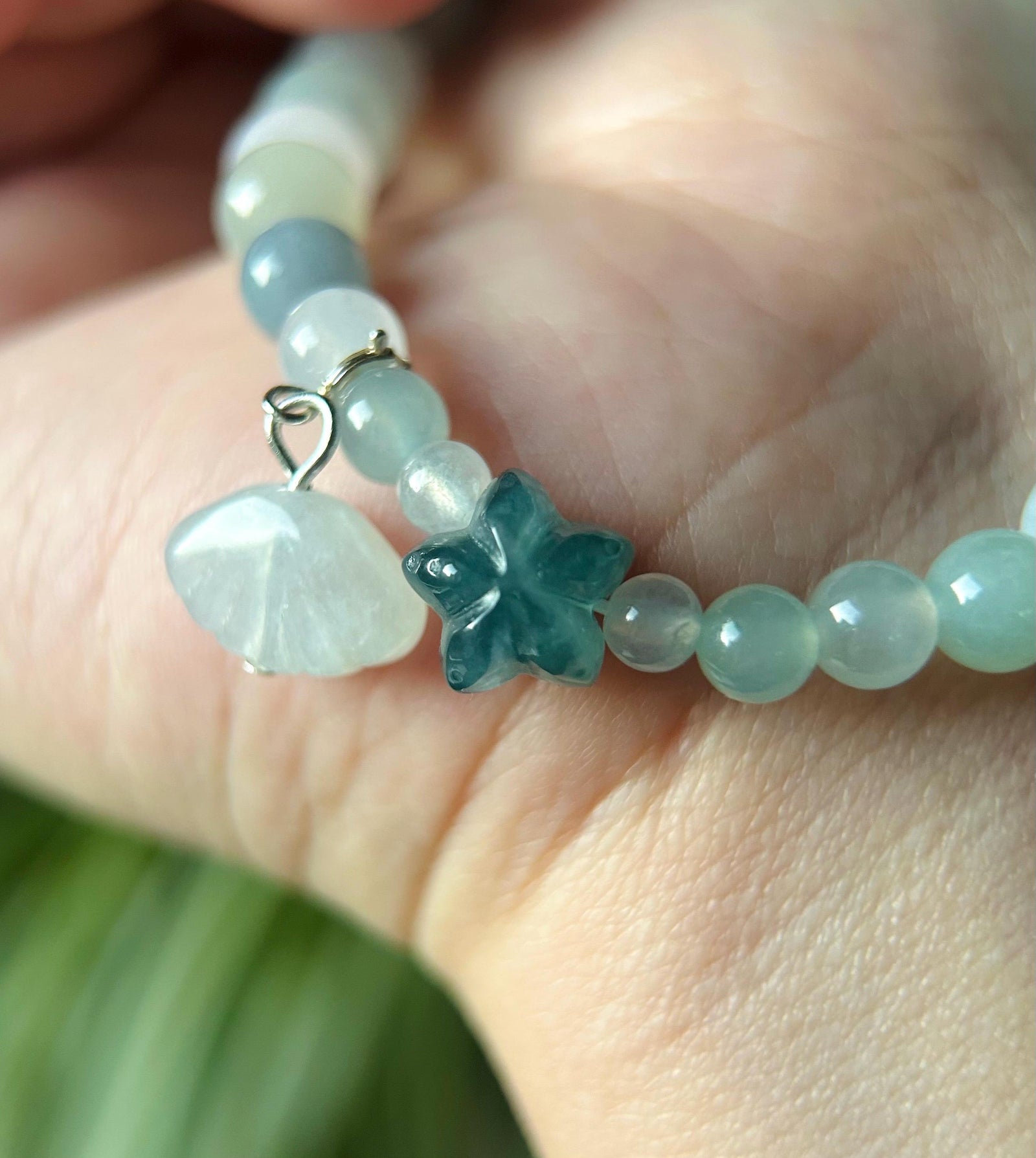 Burmese Jadeite Beaded Bracelet: Natural Type A Icy Translucent Myanmar 8mm Jade Starfish Focal Shellfish Charm