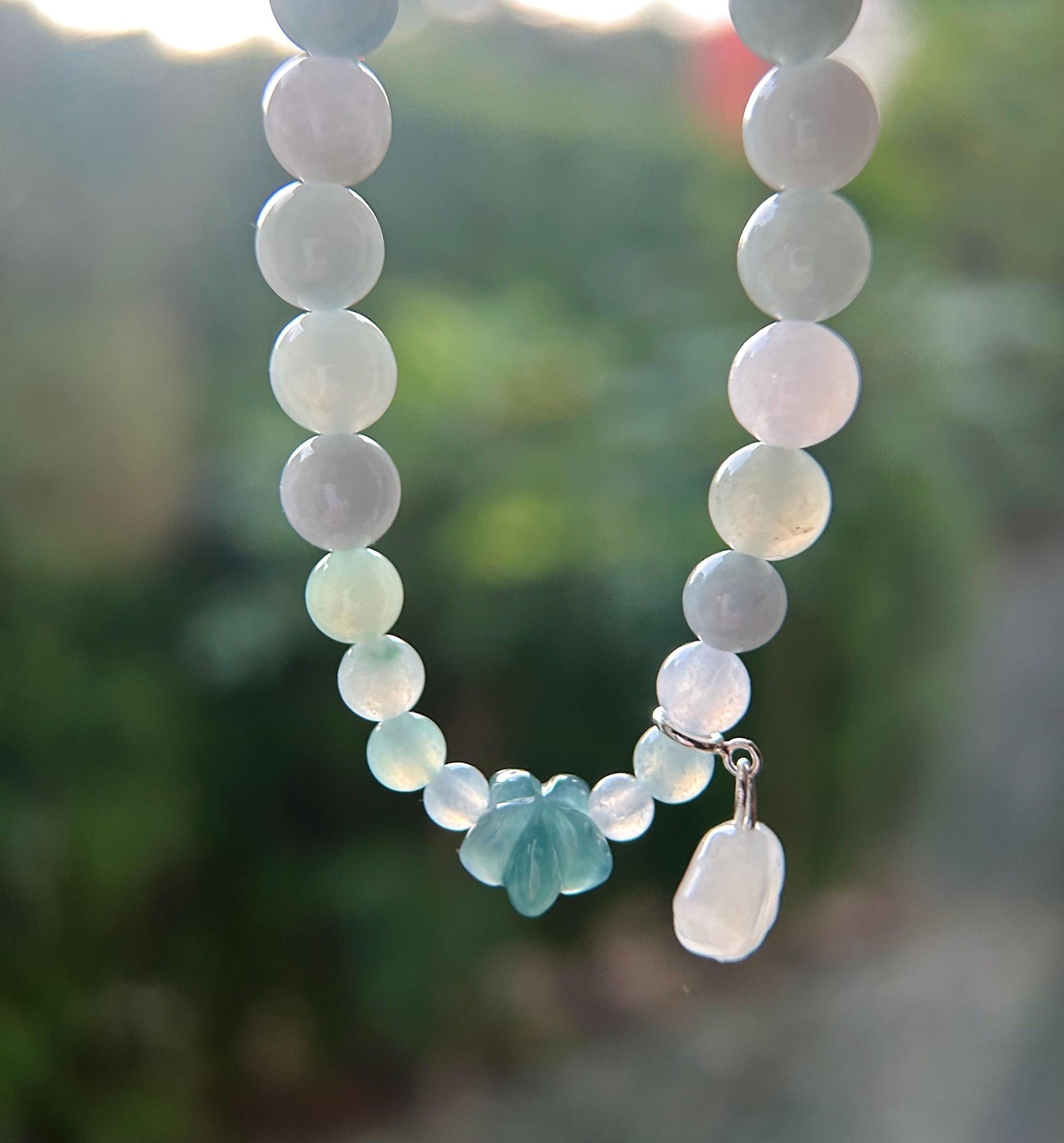 Burmese Jadeite Beaded Bracelet: Natural Type A Icy Translucent Myanmar 8mm Jade Starfish Focal Shellfish Charm